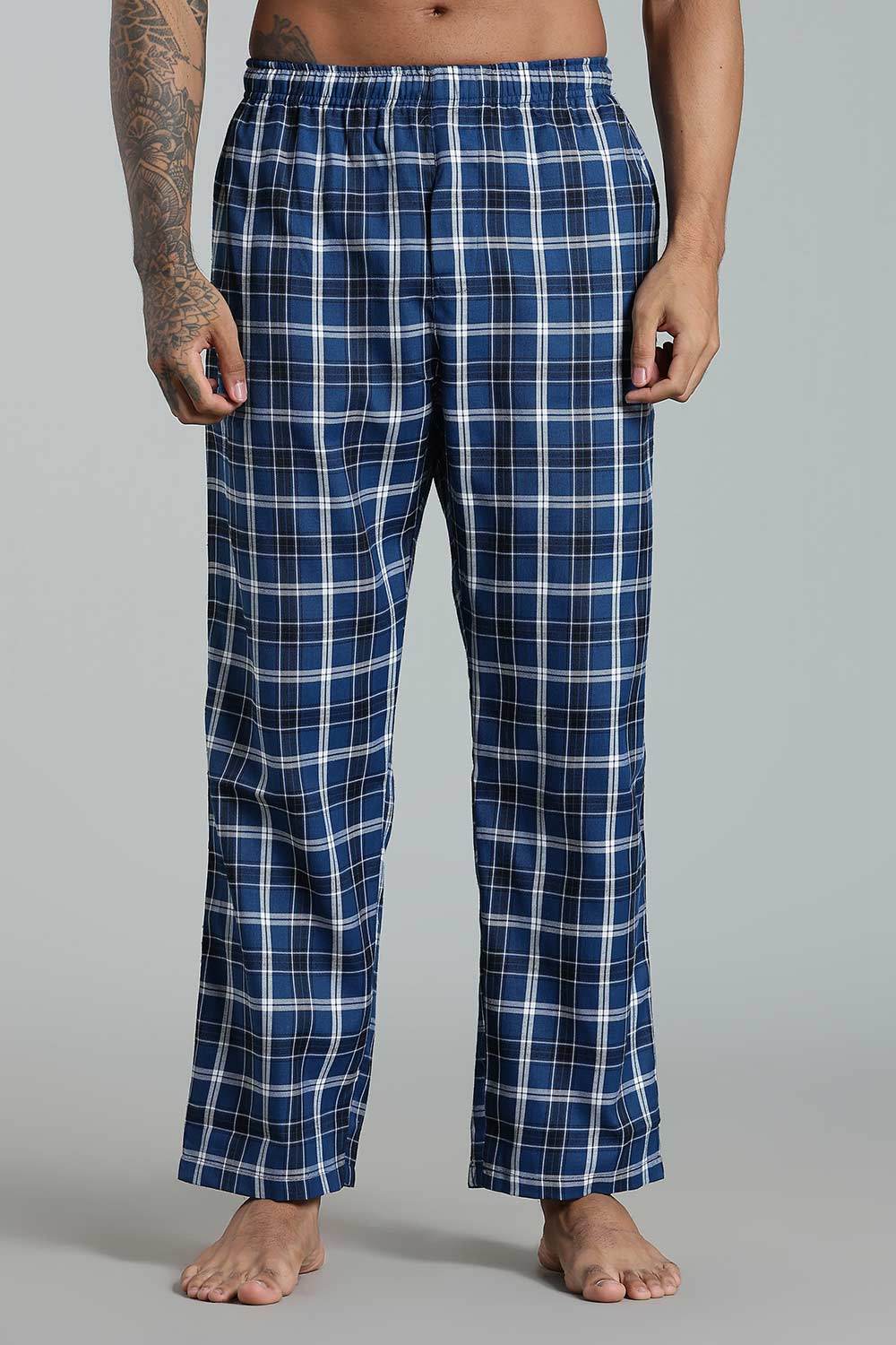 Enhance Men’s Cotton Blend Night Pants – Checked Pyjamas with Drawstring Waist & Side Pockets - Blue - NP01 - Naidu Hall Family Store