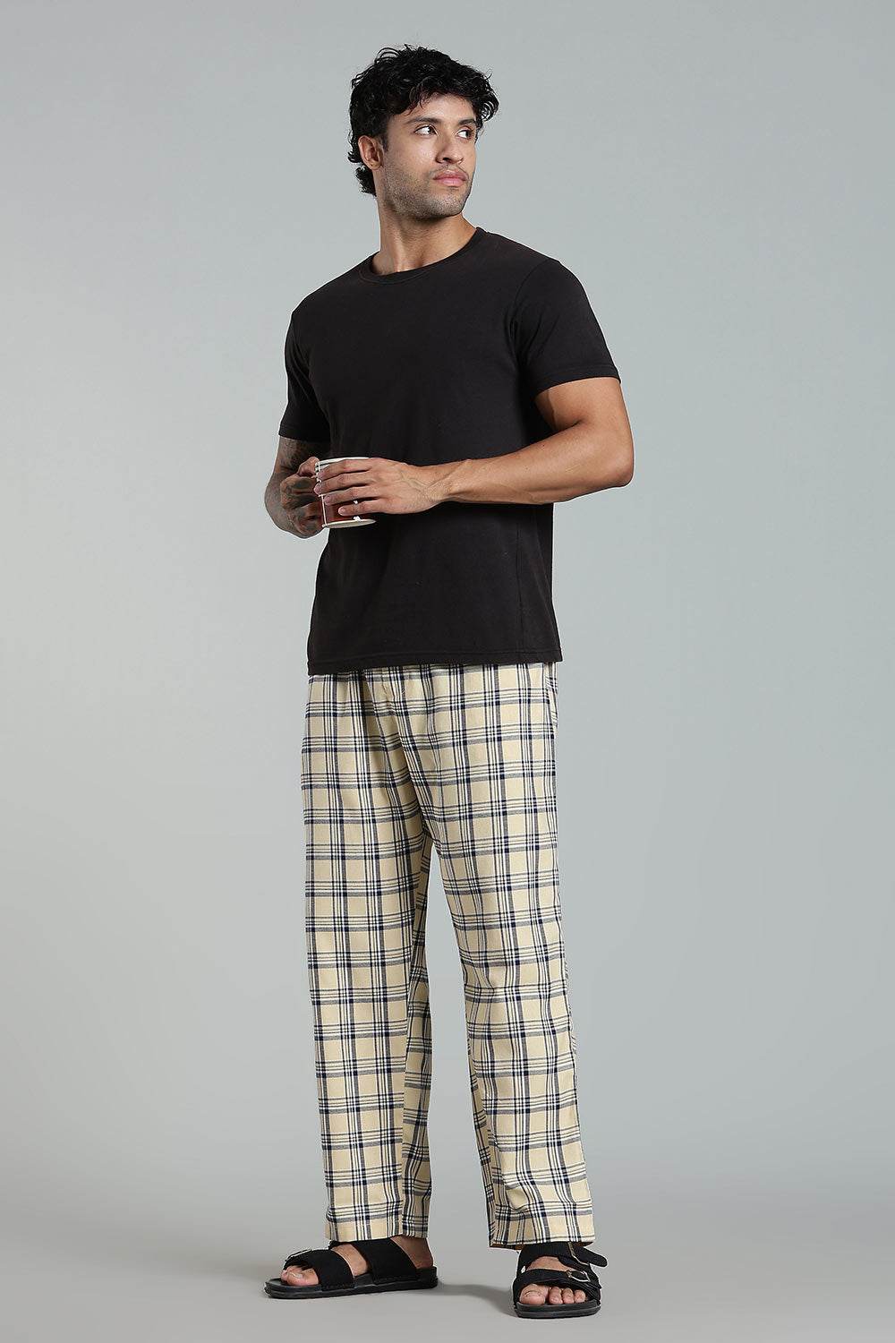 Enhance Men’s Cotton Blend Night Pants – Checked Pyjamas with Drawstring Waist & Side Pockets - Light Beige - NP01 - Naidu Hall Family Store