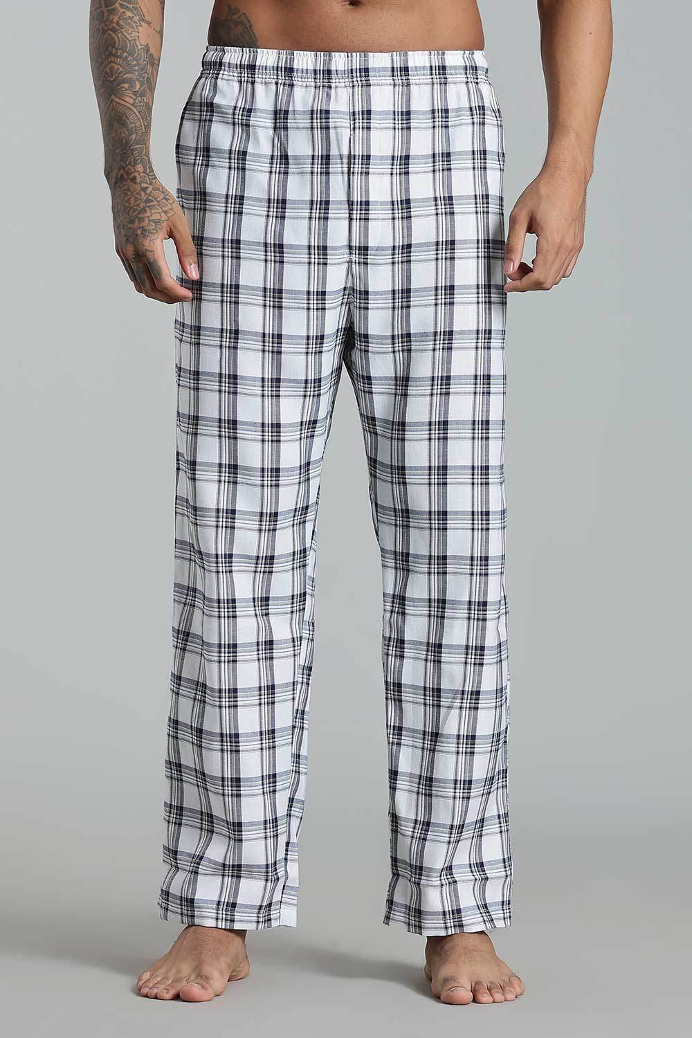 Enhance Men’s Cotton Blend Night Pants – Checked Pyjamas with Drawstring Waist & Side Pockets - White Green Print - NP01 - Naidu Hall Family Store