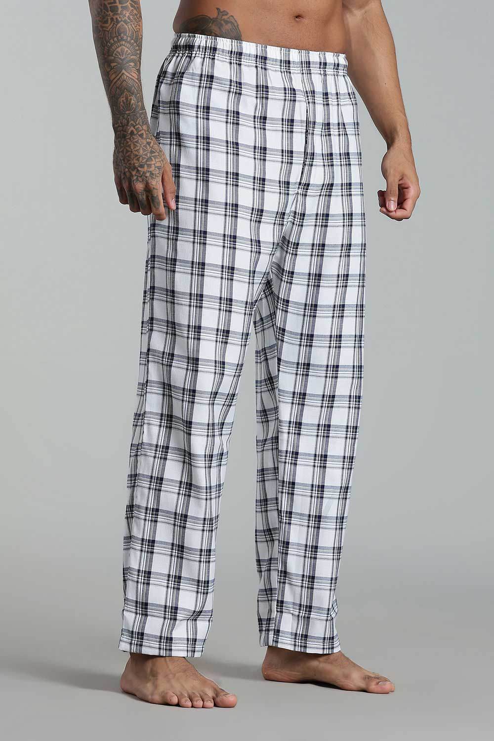 Enhance Men’s Cotton Blend Night Pants – Checked Pyjamas with Drawstring Waist & Side Pockets - White Green Print - NP01 - Naidu Hall Family Store