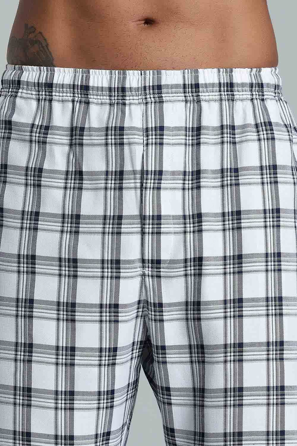 Enhance Men’s Cotton Blend Night Pants – Checked Pyjamas with Drawstring Waist & Side Pockets - White Green Print - NP01 - Naidu Hall Family Store