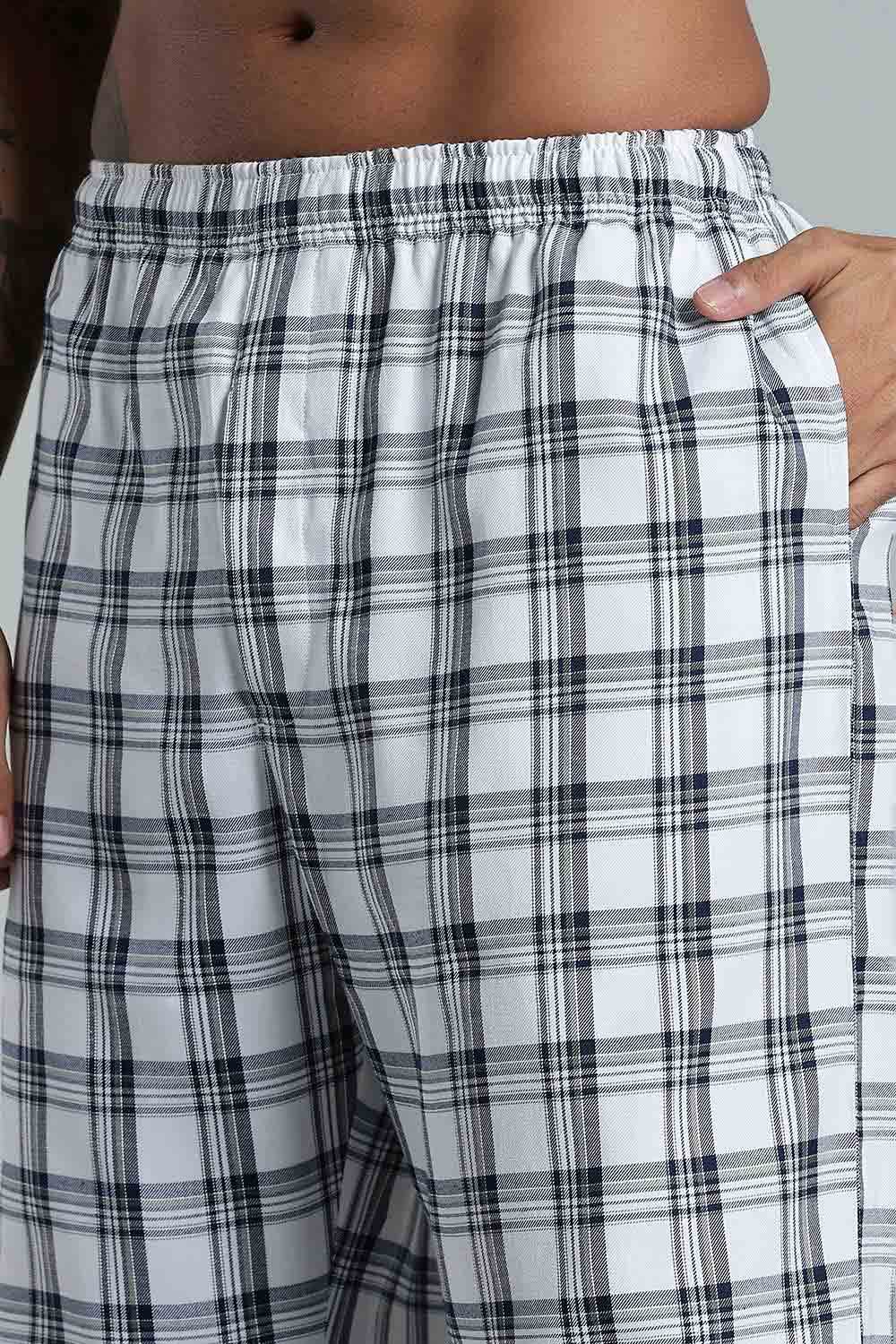 Enhance Men’s Cotton Blend Night Pants – Checked Pyjamas with Drawstring Waist & Side Pockets - White Green Print - NP01 - Naidu Hall Family Store