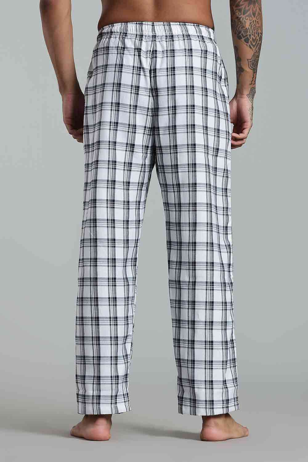 Enhance Men’s Cotton Blend Night Pants – Checked Pyjamas with Drawstring Waist & Side Pockets - White Green Print - NP01 - Naidu Hall Family Store