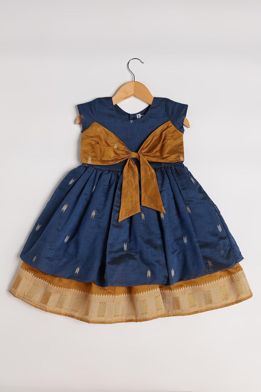Chittythalli Girls’ Ethnic Chanderi Balloon Skirt Frock with Bow Knot and Gold Button Details | Traditional Festive Dress for Girls - FR44