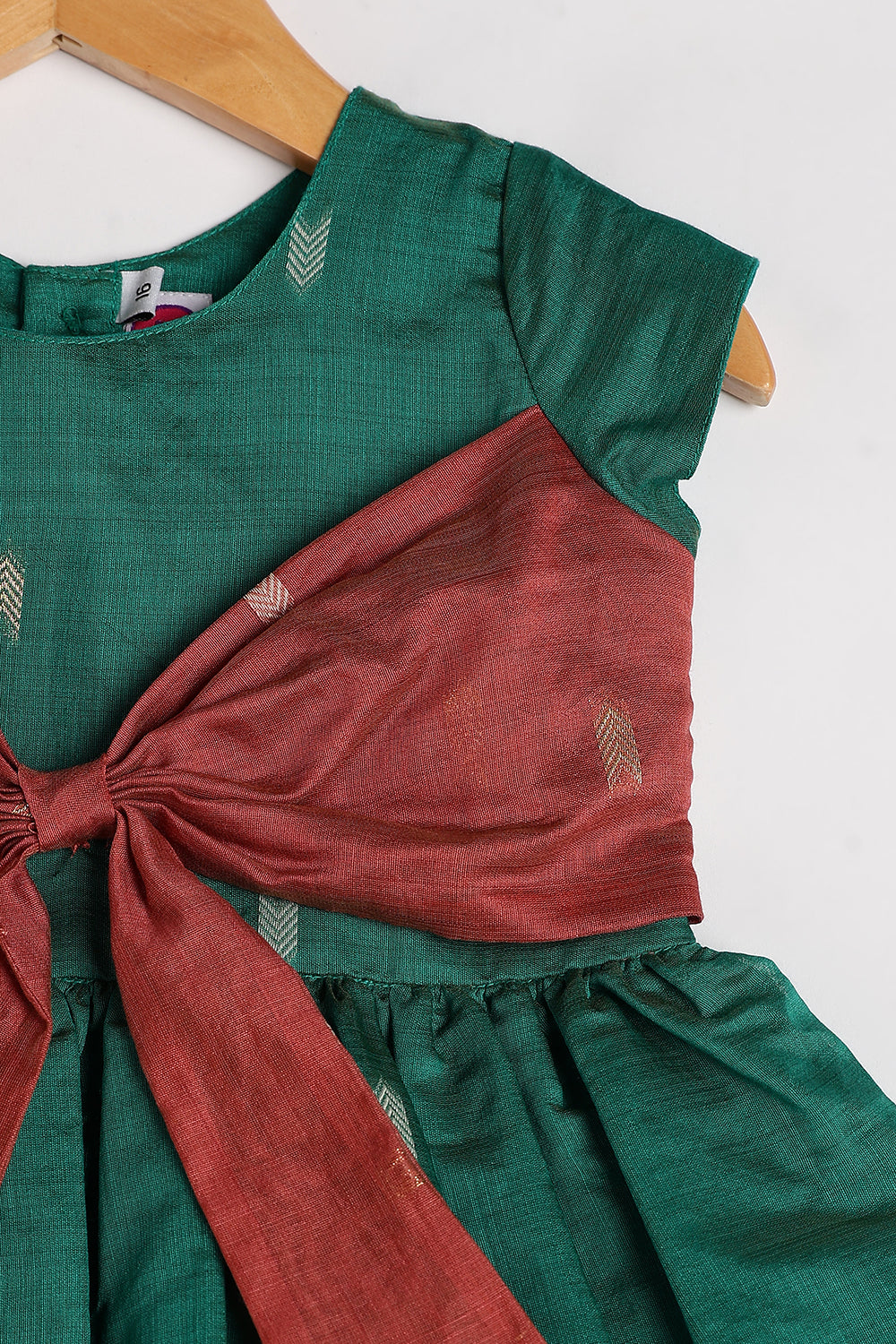 Chittythalli Girls’ Ethnic Chanderi Balloon Skirt Frock with Bow Knot and Gold Button Details | Traditional Festive Dress for Girls - FR44