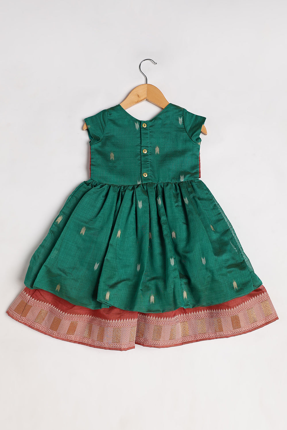 Chittythalli Girls’ Ethnic Chanderi Balloon Skirt Frock with Bow Knot and Gold Button Details | Traditional Festive Dress for Girls - FR44