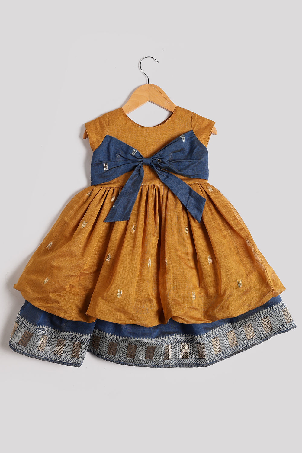 Chittythalli Girls’ Ethnic Chanderi Balloon Skirt Frock with Bow Knot and Gold Button Details | Traditional Festive Dress for Girls - FR44