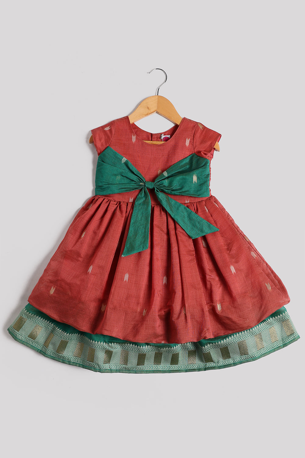 Chittythalli Girls’ Ethnic Chanderi Balloon Skirt Frock with Bow Knot and Gold Button Details | Traditional Festive Dress for Girls - FR44