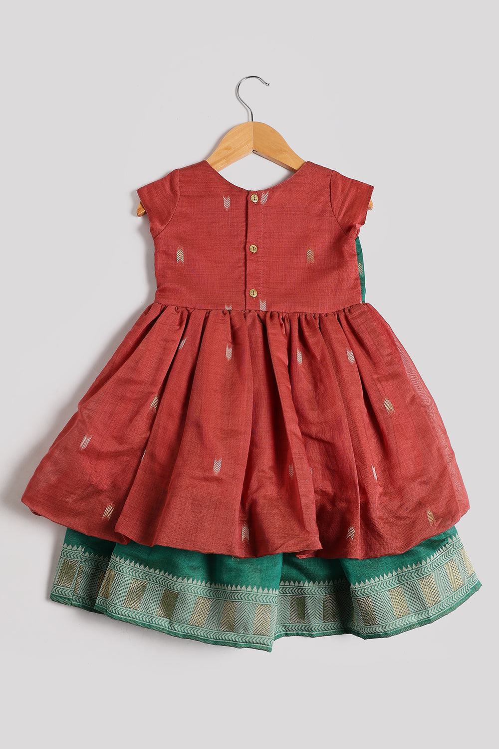 Chittythalli Girls’ Ethnic Chanderi Balloon Skirt Frock with Bow Knot and Gold Button Details | Traditional Festive Dress for Girls - FR44