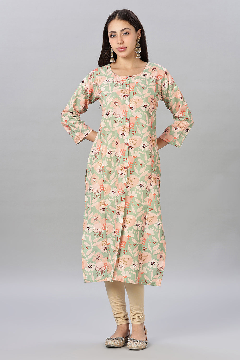 Mythri Women’s Printed Cotton Blend Kurta – Round Neck, Contrast Buttons & 3/4 Sleeves
 - Green - KA14