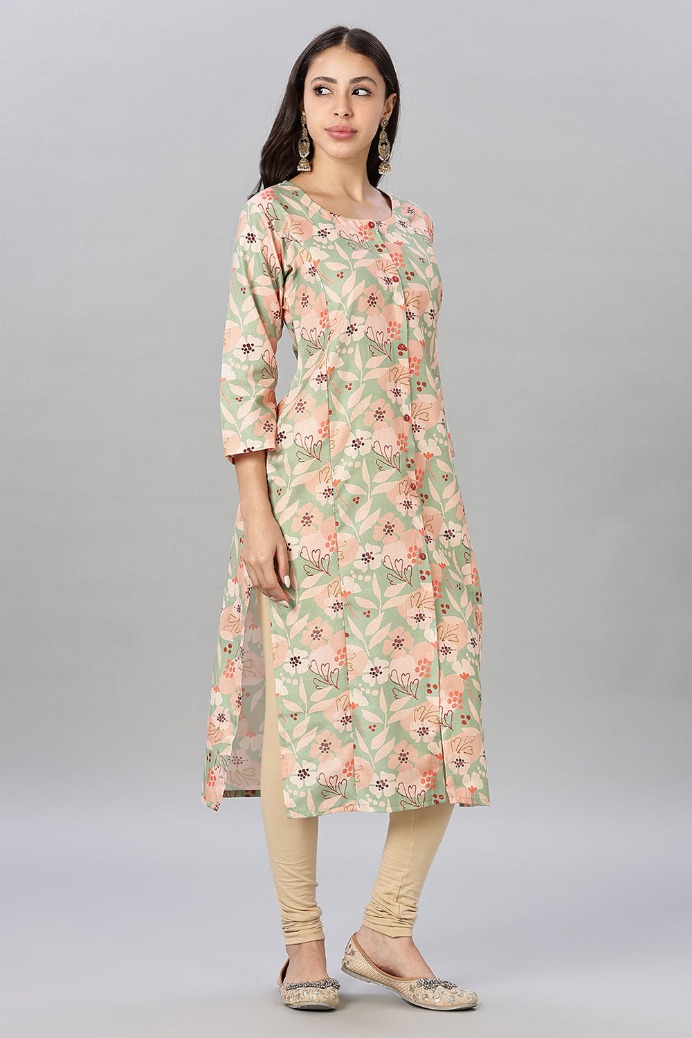 Mythri Women’s Printed Cotton Blend Kurta – Round Neck, Contrast Buttons & 3/4 Sleeves
 - Green - KA14