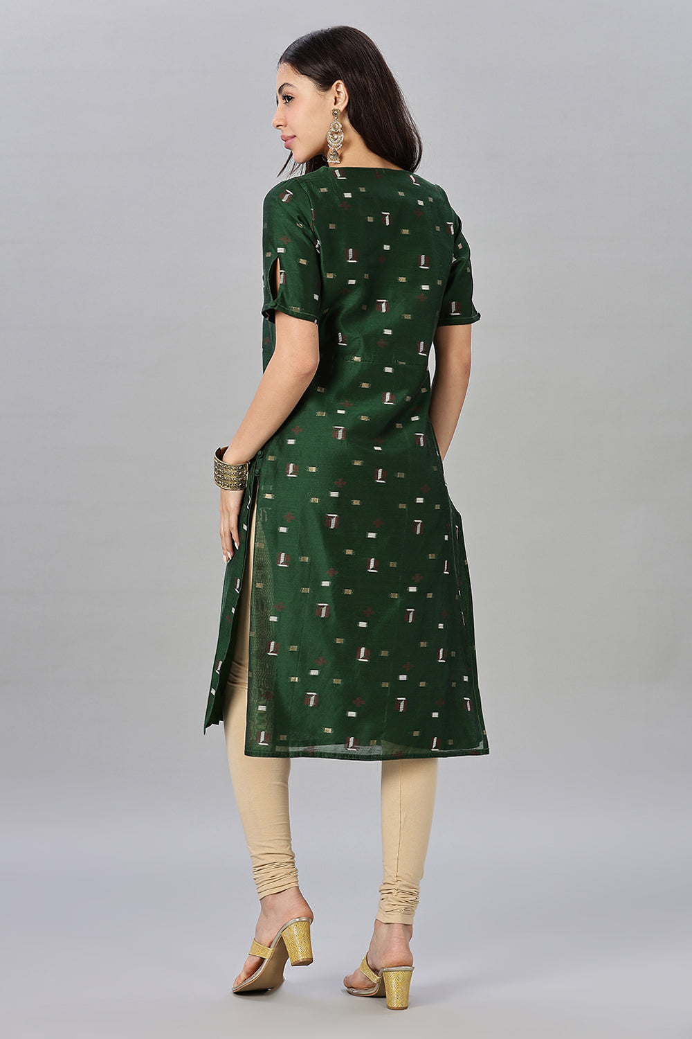 Mythri womens Side Slit Cotton Blend Kurta – Button Closure Ethnic Wear - Green - KU94