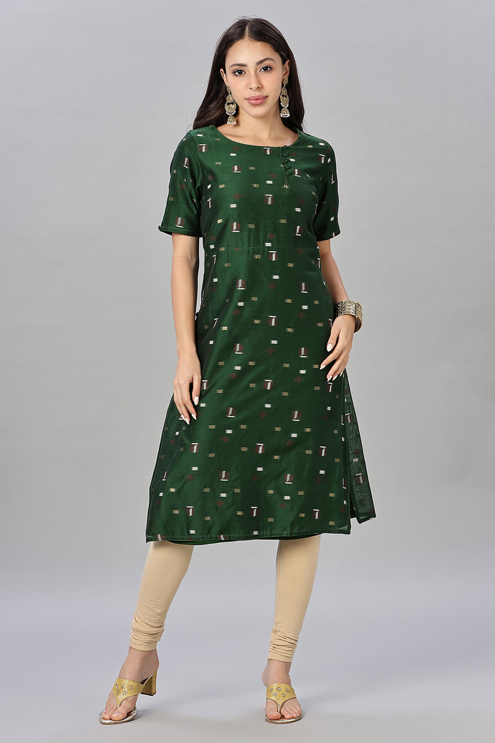 Mythri womens Side Slit Cotton Blend Kurta – Button Closure Ethnic Wear - Green - KU94