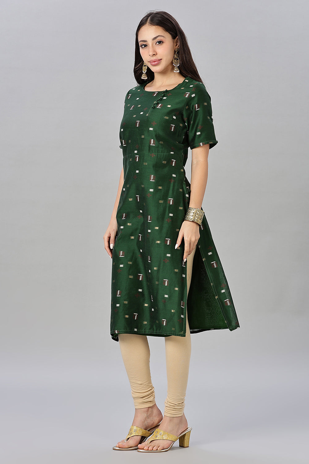 Mythri womens Side Slit Cotton Blend Kurta – Button Closure Ethnic Wear - Green - KU94