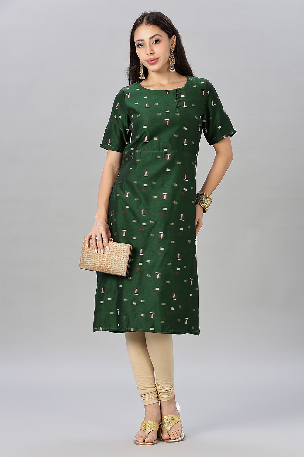 Mythri womens Side Slit Cotton Blend Kurta – Button Closure Ethnic Wear - Green - KU94