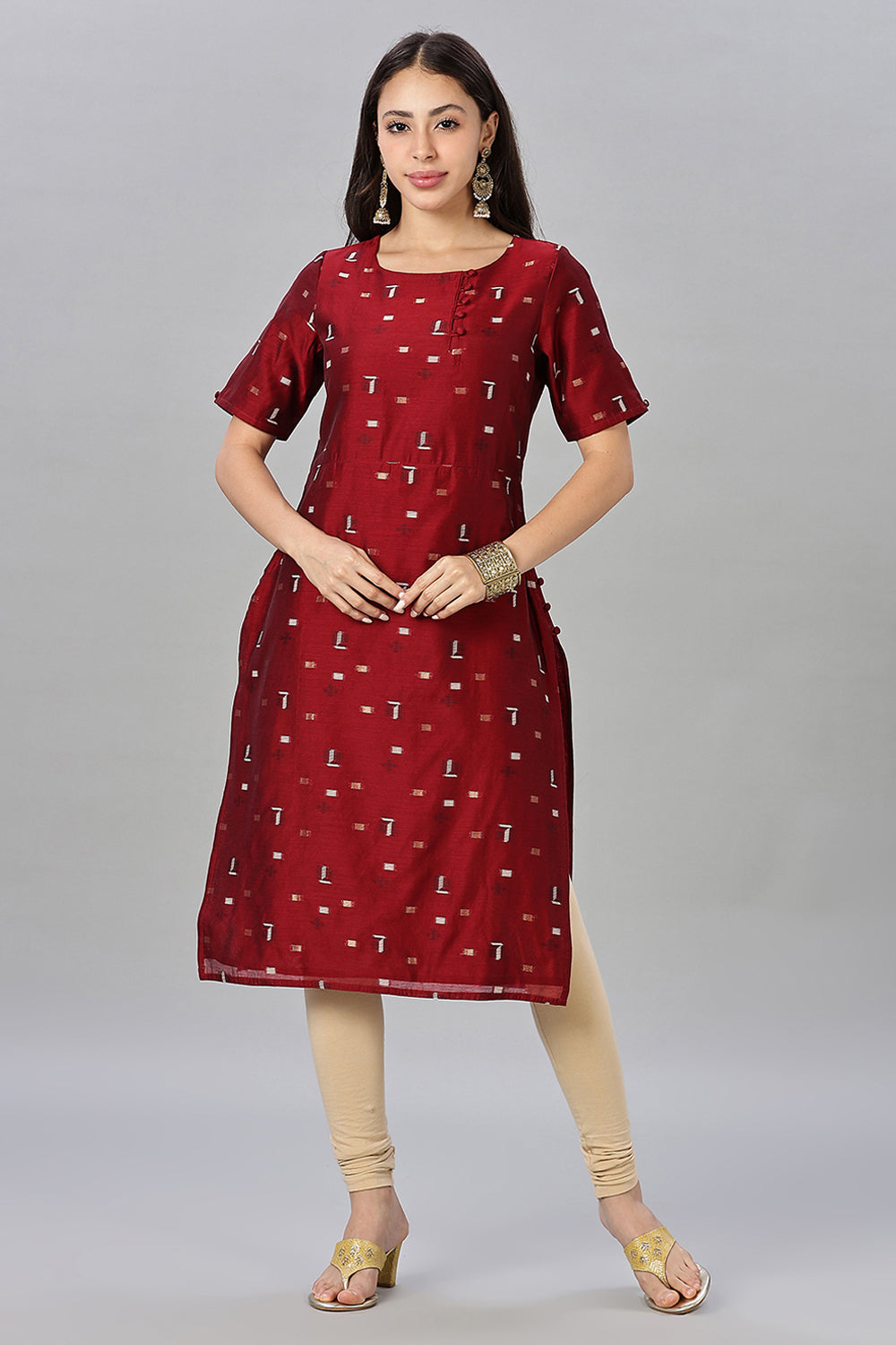 Mythri womens Side Slit Cotton Blend Kurta – Button Closure Ethnic Wear - Red - KU94