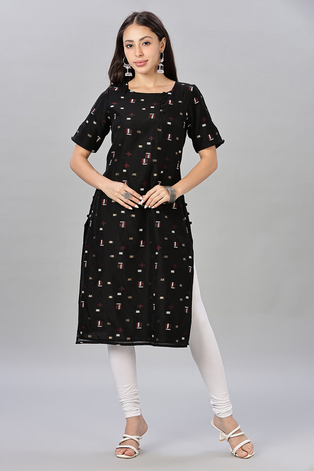 Mythri womens Side Slit Cotton Blend Kurta – Button Closure Ethnic Wear - Black - KU94