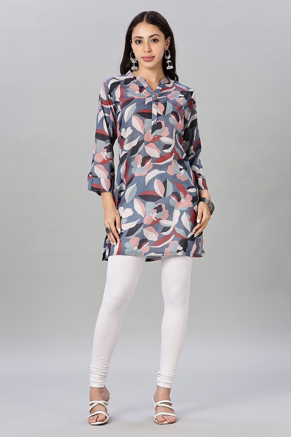 Mythri Women’s Bold Floral Short Kurta – Henley V-Neck, Roll-Up Sleeves & Straight Hem - Blue - TA04