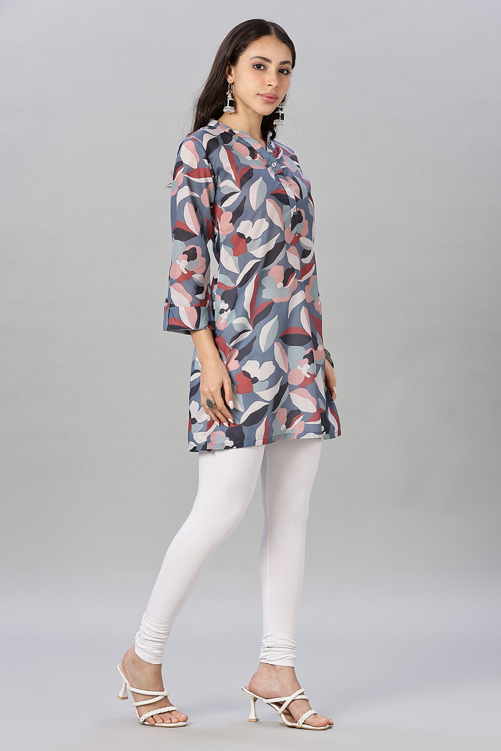 Mythri Women’s Bold Floral Short Kurta – Henley V-Neck, Roll-Up Sleeves & Straight Hem - Blue - TA04