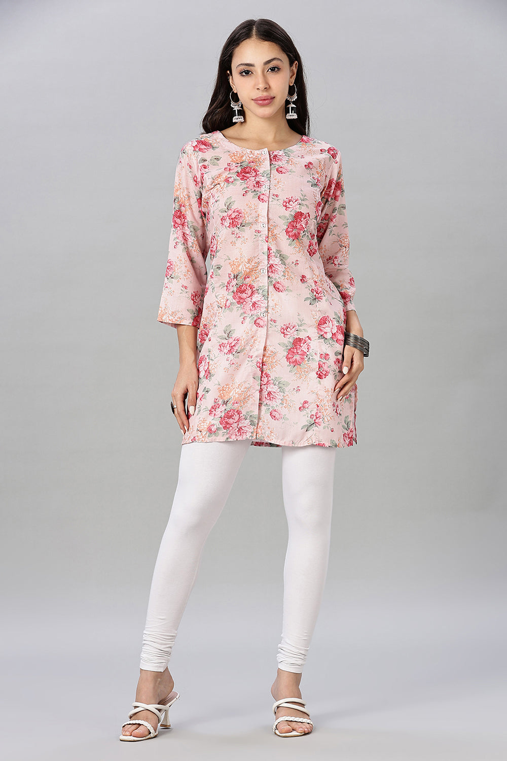 Mythri Women’s Printed Short Kurta – Round Neck, 3/4 Sleeves & Non-Functional Button Placket - Light Pink - TA03