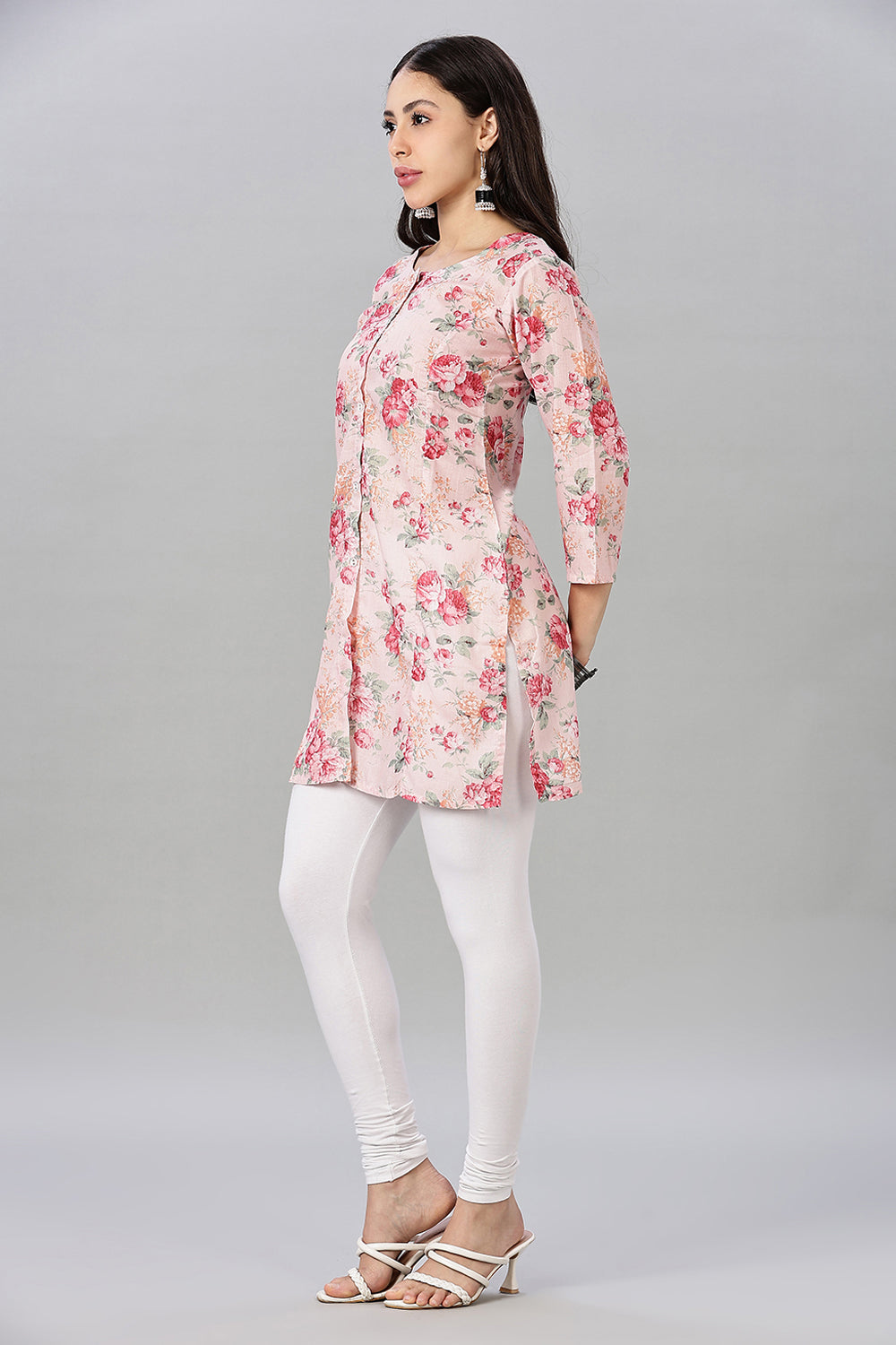 Mythri Women’s Printed Short Kurta – Round Neck, 3/4 Sleeves & Non-Functional Button Placket - Light Pink - TA03