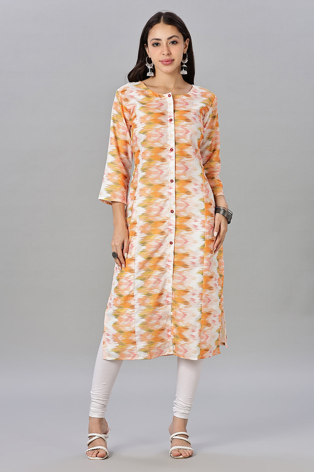 Mythri Women’s Printed Cotton Blend Kurta – Round Neck, Contrast Buttons & 3/4 Sleeves
 - Orange - KA12