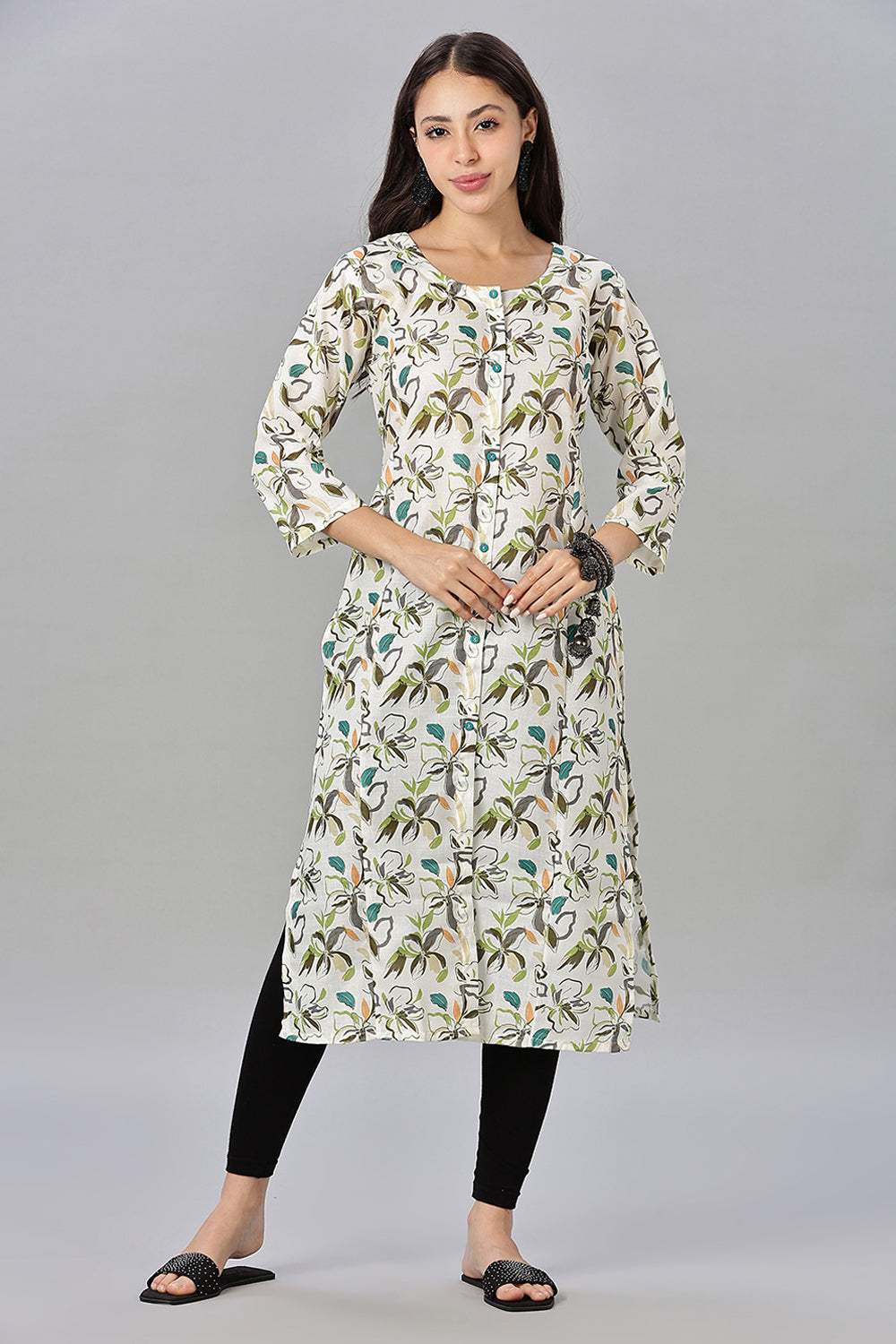 Mythri Women’s Printed Cotton Blend Kurta – Round Neck, Contrast Buttons & 3/4 Sleeves
 - Cream - KA13