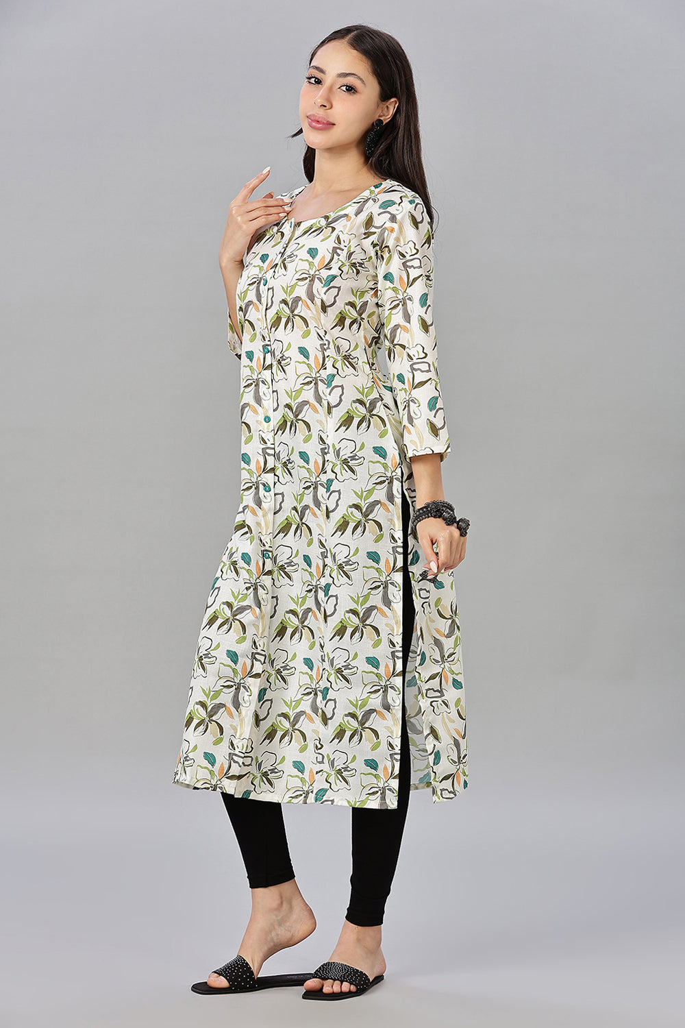 Mythri Women’s Printed Cotton Blend Kurta – Round Neck, Contrast Buttons & 3/4 Sleeves
 - Cream - KA13