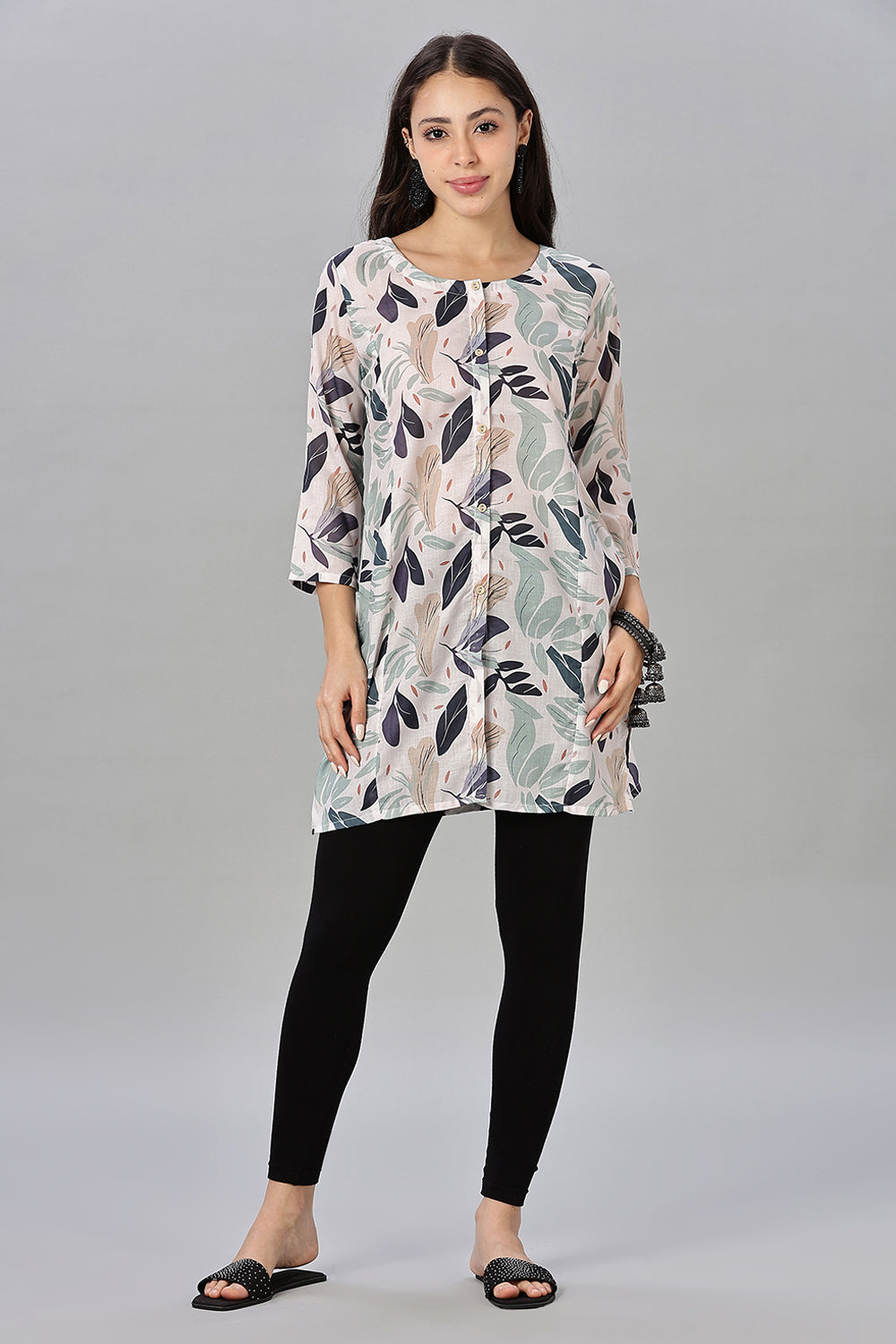 Mythri Women’s Printed Short Kurta – Round Neck, 3/4 Sleeves & Non-Functional Button Placket - Beige - TA02