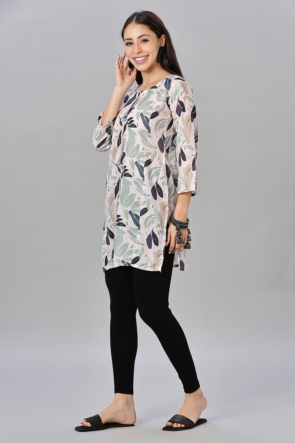 Mythri Women’s Printed Short Kurta – Round Neck, 3/4 Sleeves & Non-Functional Button Placket - Beige - TA02