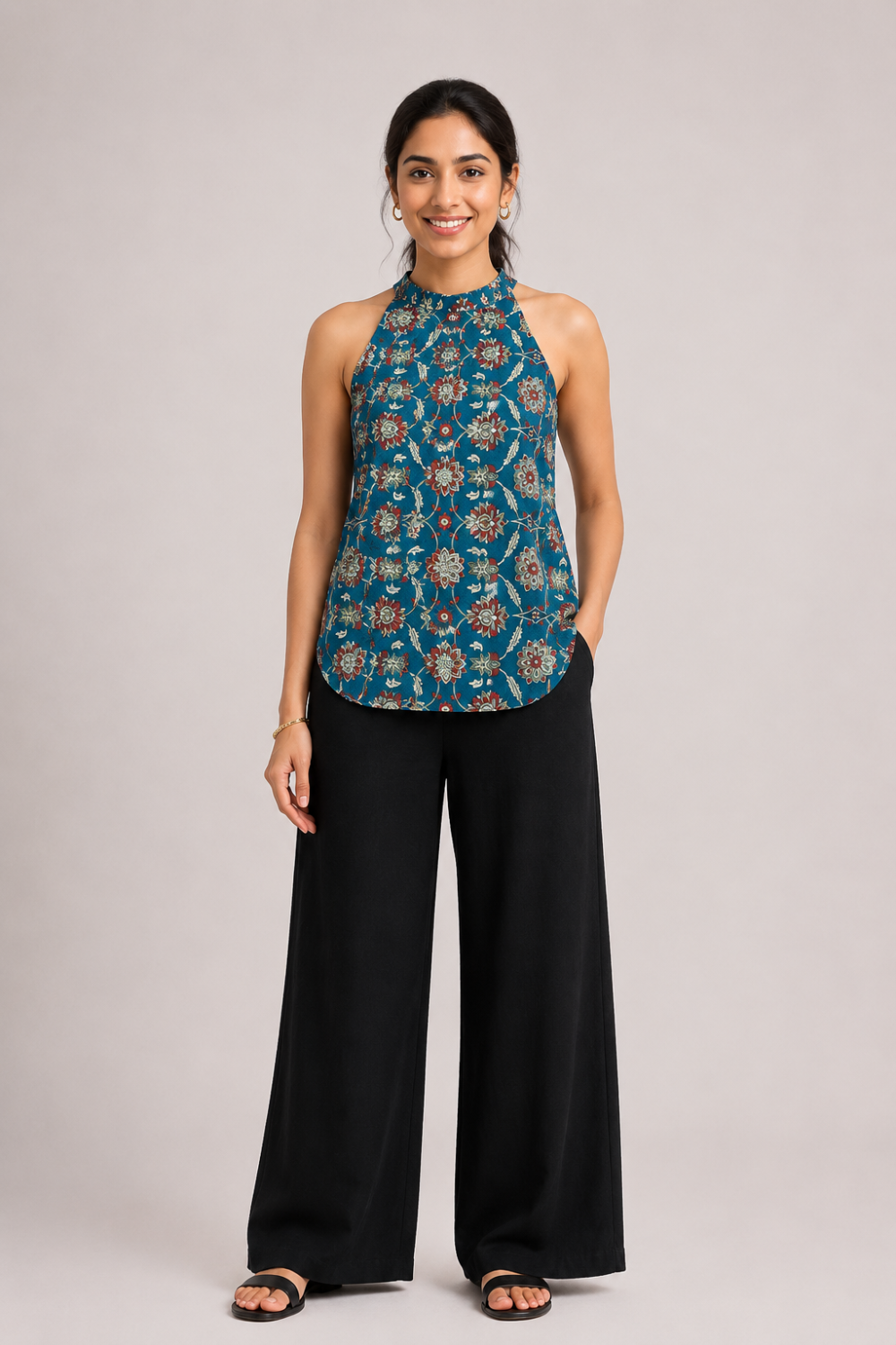 Mythri Women's Cotton Halter Neck Short Kurti Top | Sleeveless Princess Panel Ethnic Top for Women | Casual & Everyday Wear - TO49