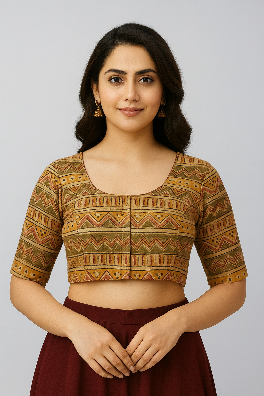 Naidu Hall Women’s Blouse Cotton Kalamkari Padded Front Open U Neck Princess Cut Elbow Sleeve Saree Blouse - Green-1 - BU17