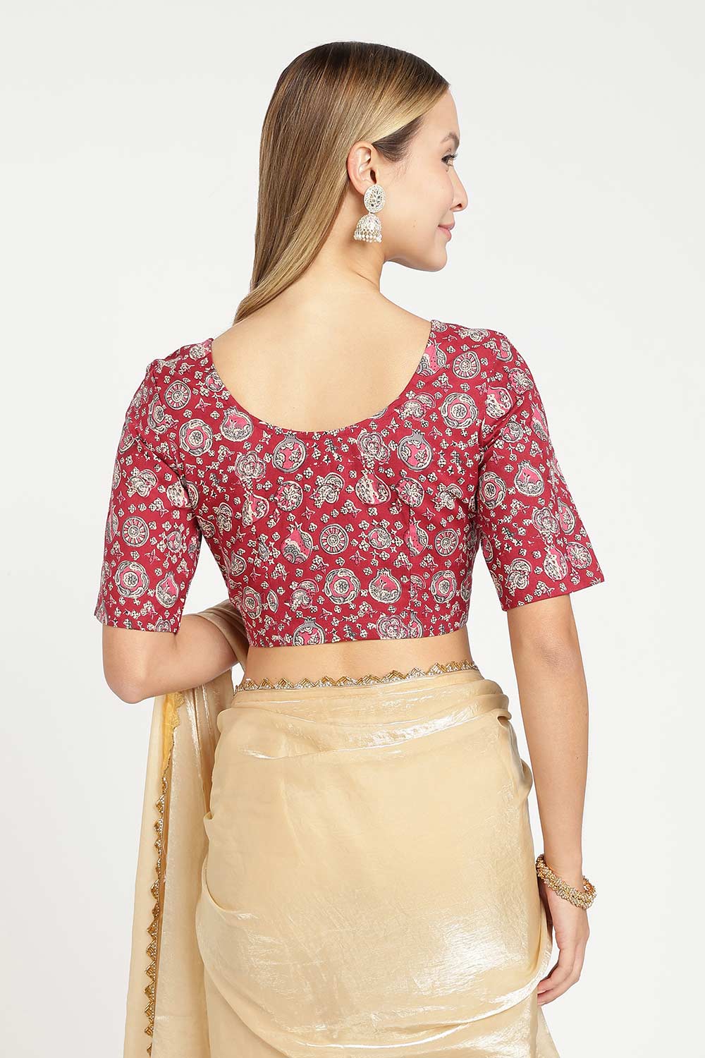 Naidu Hall Women’s Cotton Kalamkari Saree Blouse – U Neck Front Open Designer Blouse with Elbow Sleeves | Traditional Woven Cotton Blouse for Women - P4BU17