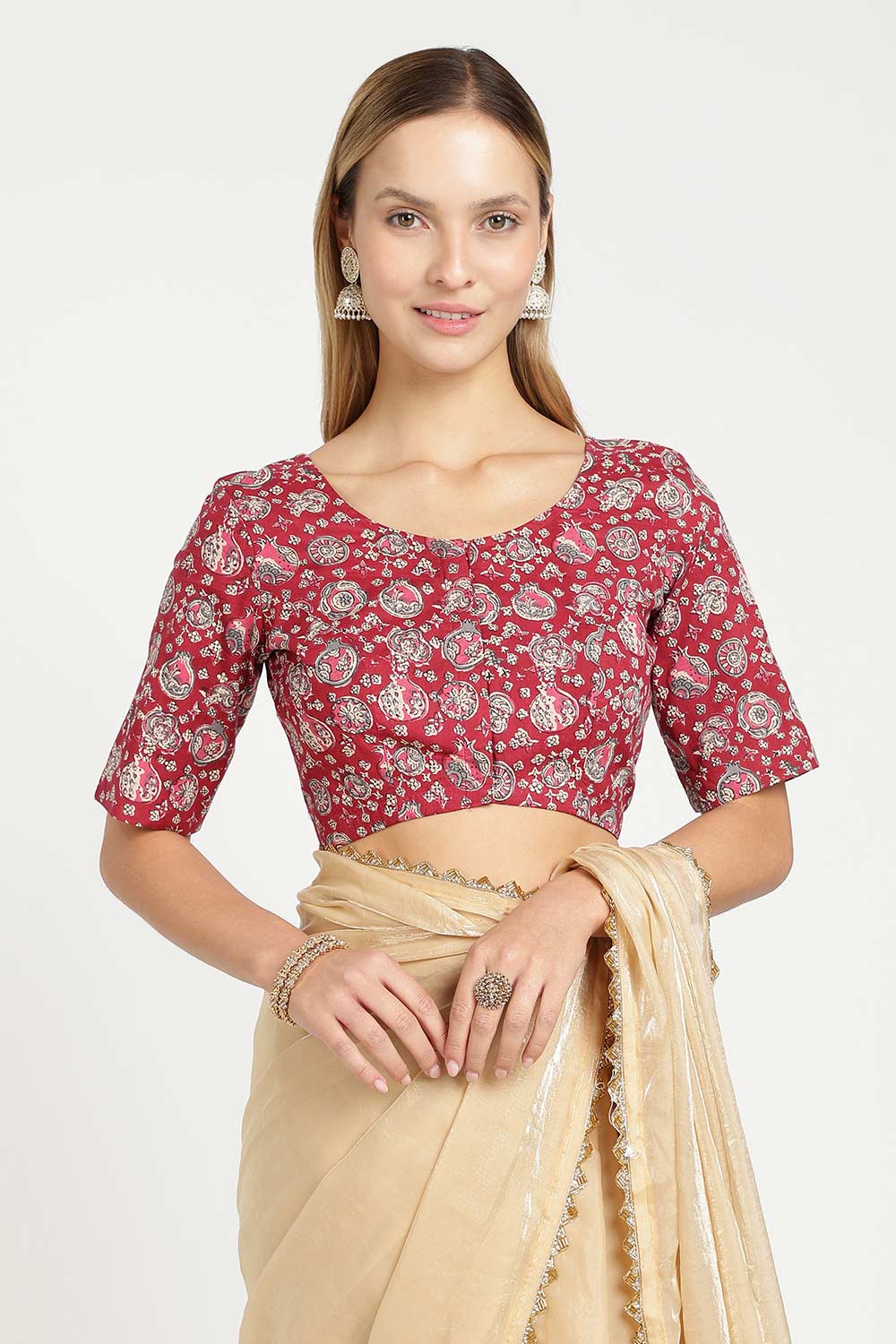 Naidu Hall Women’s Cotton Kalamkari Saree Blouse – U Neck Front Open Designer Blouse with Elbow Sleeves | Traditional Woven Cotton Blouse for Women - P4BU17