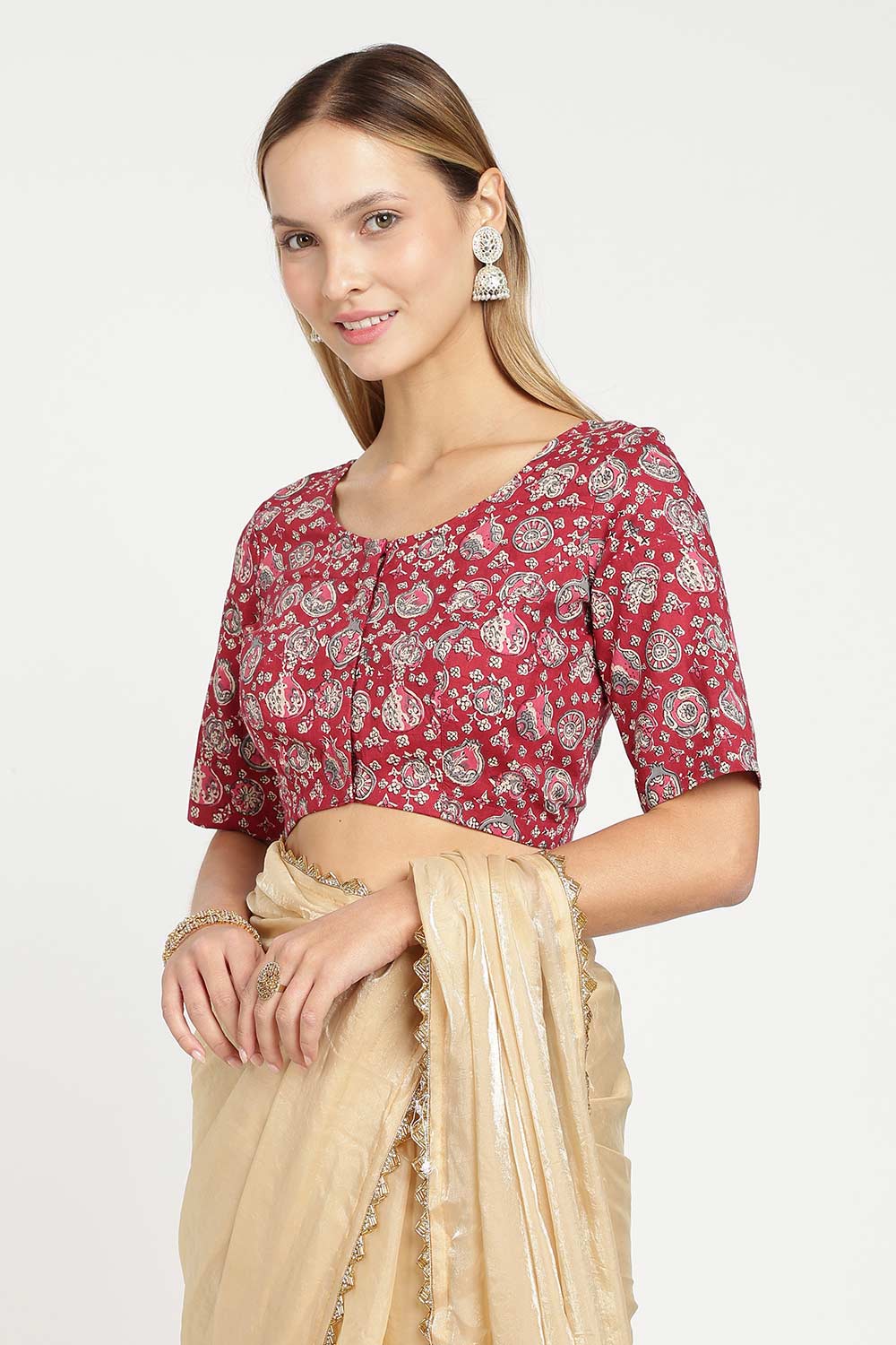 Naidu Hall Women’s Cotton Kalamkari Saree Blouse – U Neck Front Open Designer Blouse with Elbow Sleeves | Traditional Woven Cotton Blouse for Women - P4BU17