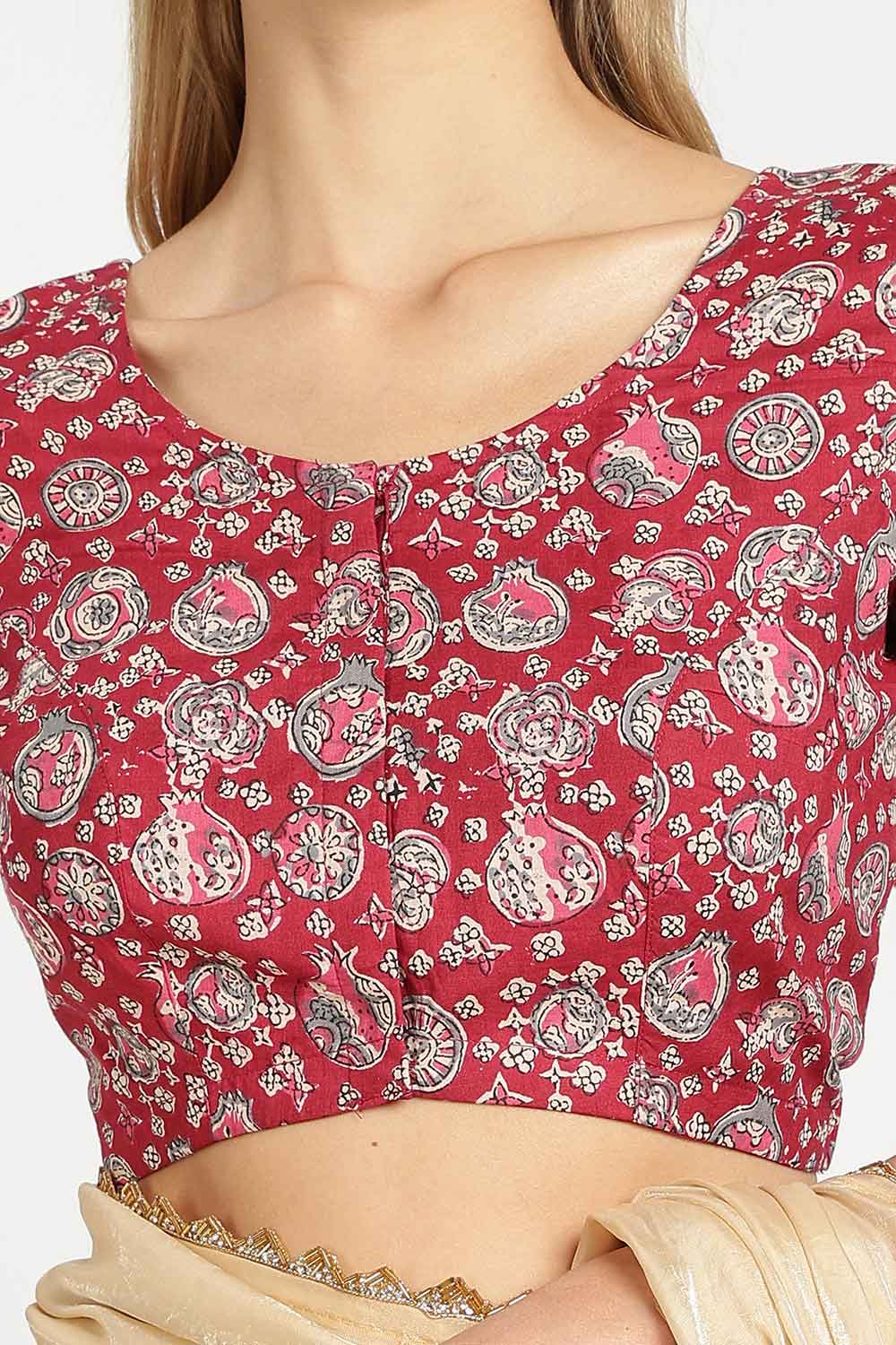 Naidu Hall Women’s Cotton Kalamkari Saree Blouse – U Neck Front Open Designer Blouse with Elbow Sleeves | Traditional Woven Cotton Blouse for Women - P4BU17