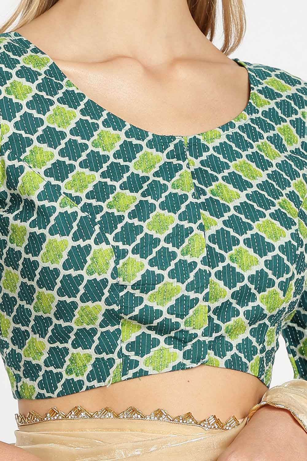 Naidu Hall Women’s Cotton Saree Blouse – Kantha Stitch & Geometric Print U Neck Front Open Designer Blouse with Elbow Sleeves - P5BU17