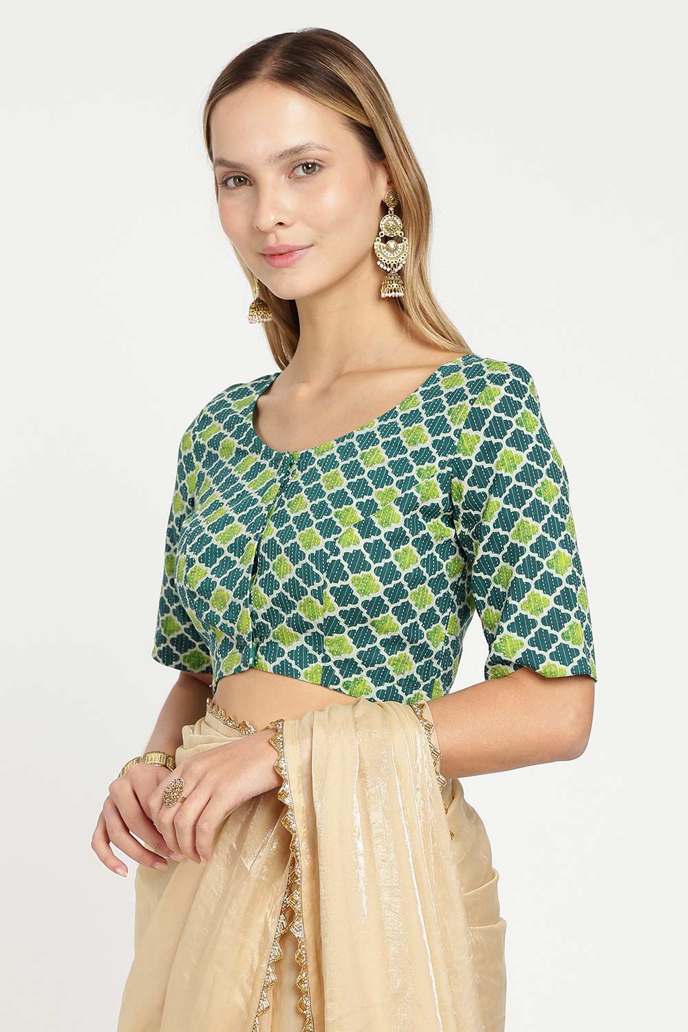 Naidu Hall Women’s Cotton Saree Blouse – Kantha Stitch & Geometric Print U Neck Front Open Designer Blouse with Elbow Sleeves - P5BU17