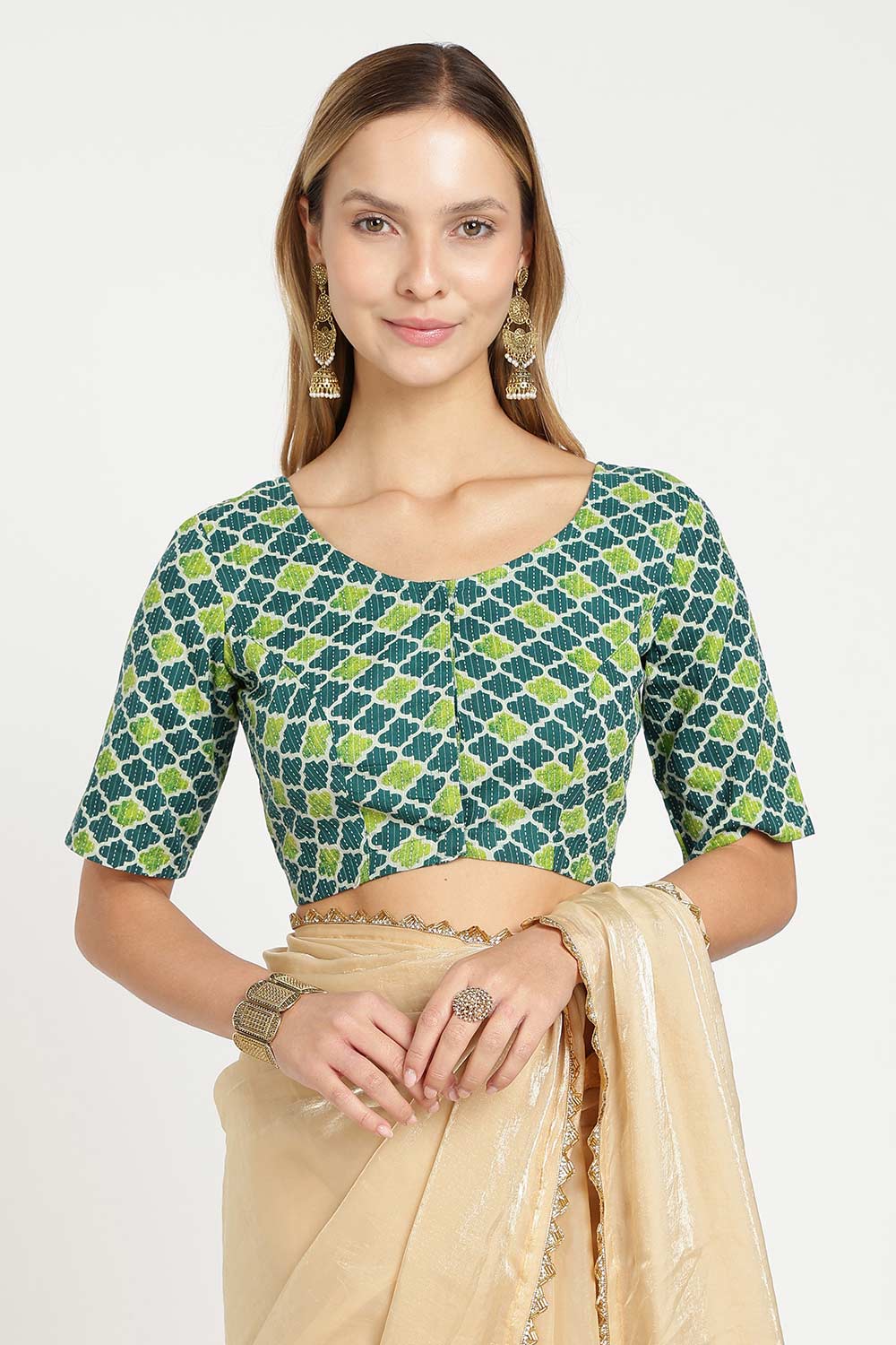 Naidu Hall Women’s Cotton Saree Blouse – Kantha Stitch & Geometric Print U Neck Front Open Designer Blouse with Elbow Sleeves - P5BU17