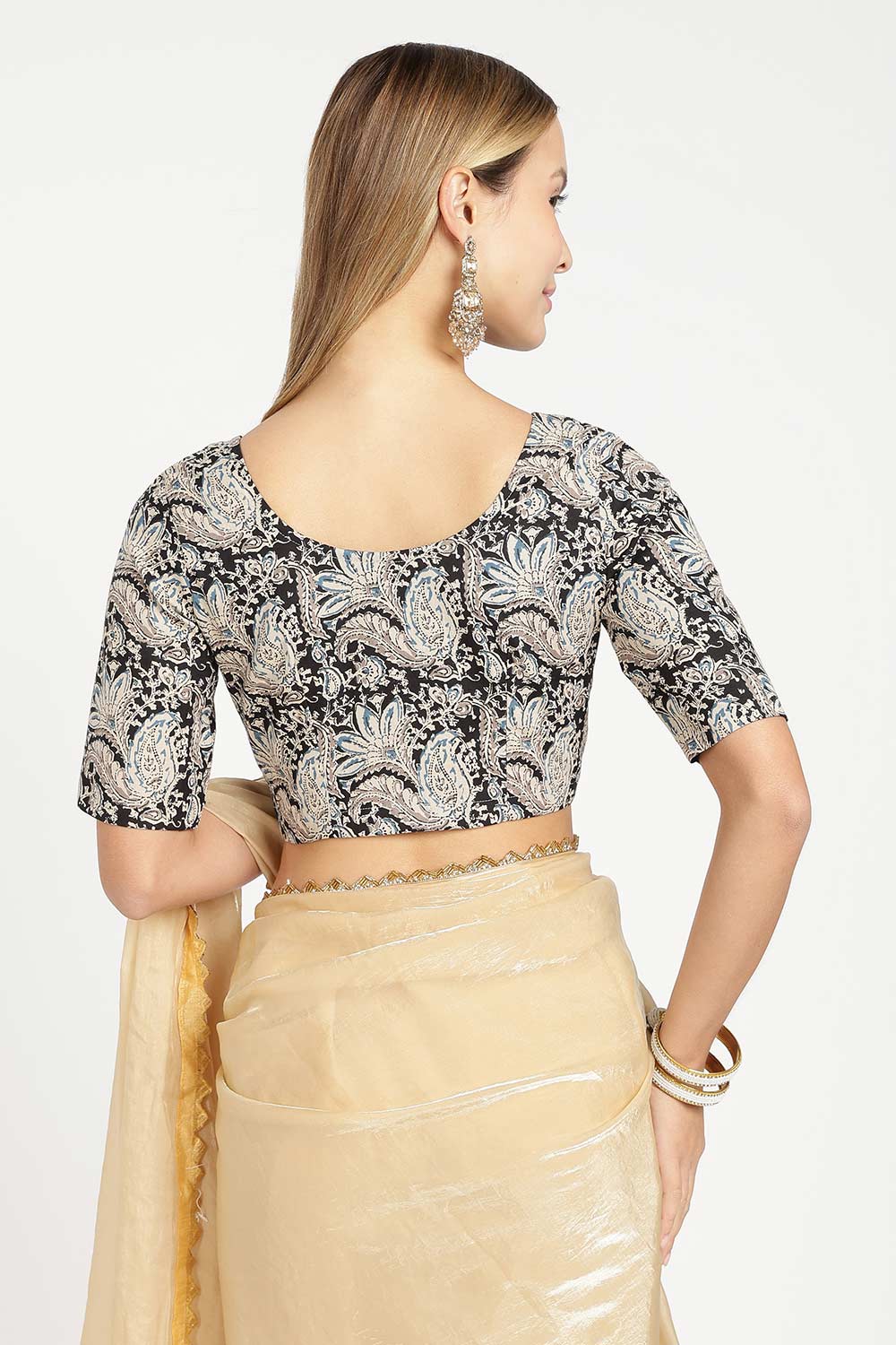 Naidu Hall Women’s Cotton Kalamkari Saree Blouse – U Neck Front Open Designer Blouse with Elbow Sleeves | Traditional Woven Cotton Blouse for Women - P6BU17