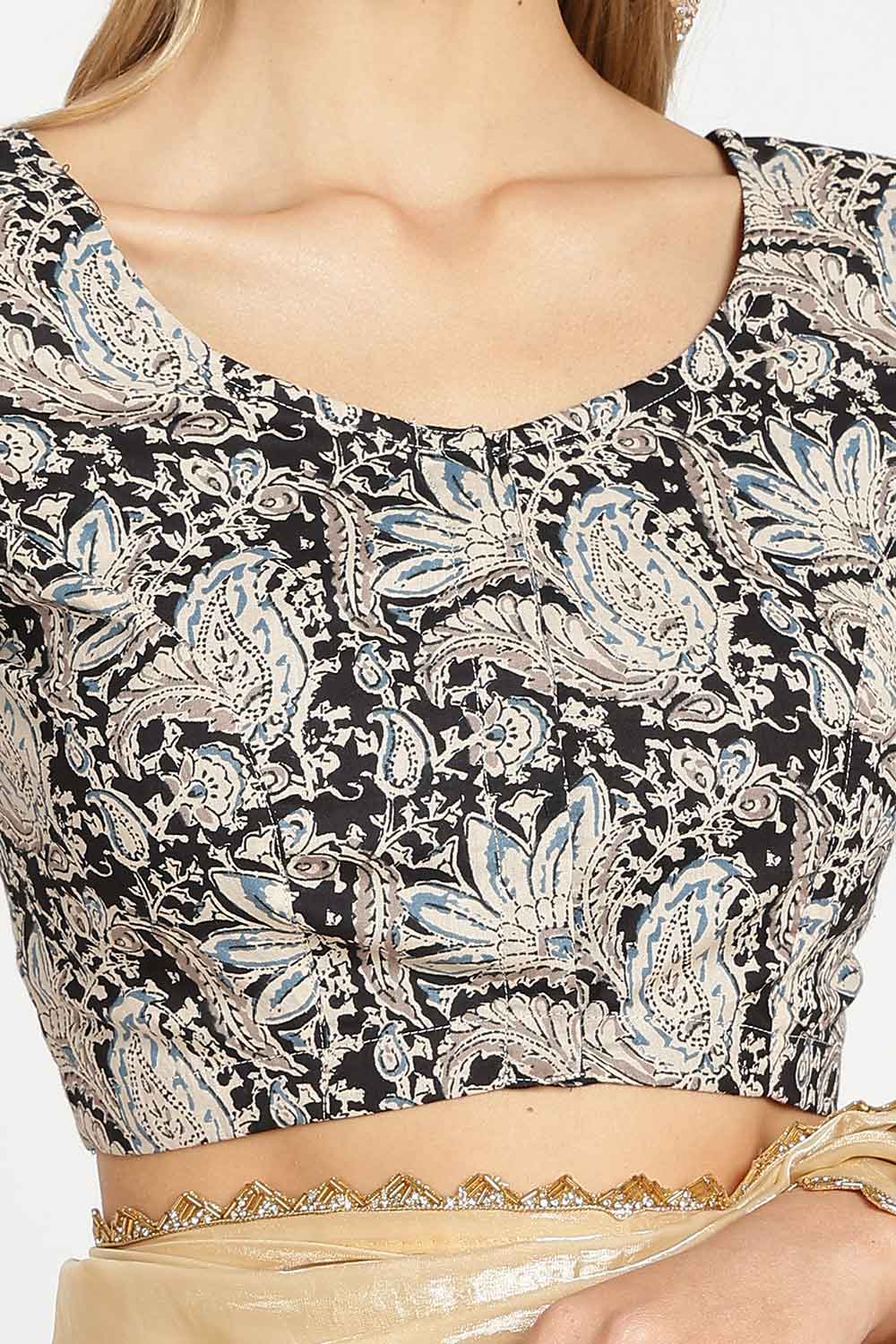 Naidu Hall Women’s Cotton Kalamkari Saree Blouse – U Neck Front Open Designer Blouse with Elbow Sleeves | Traditional Woven Cotton Blouse for Women - P6BU17