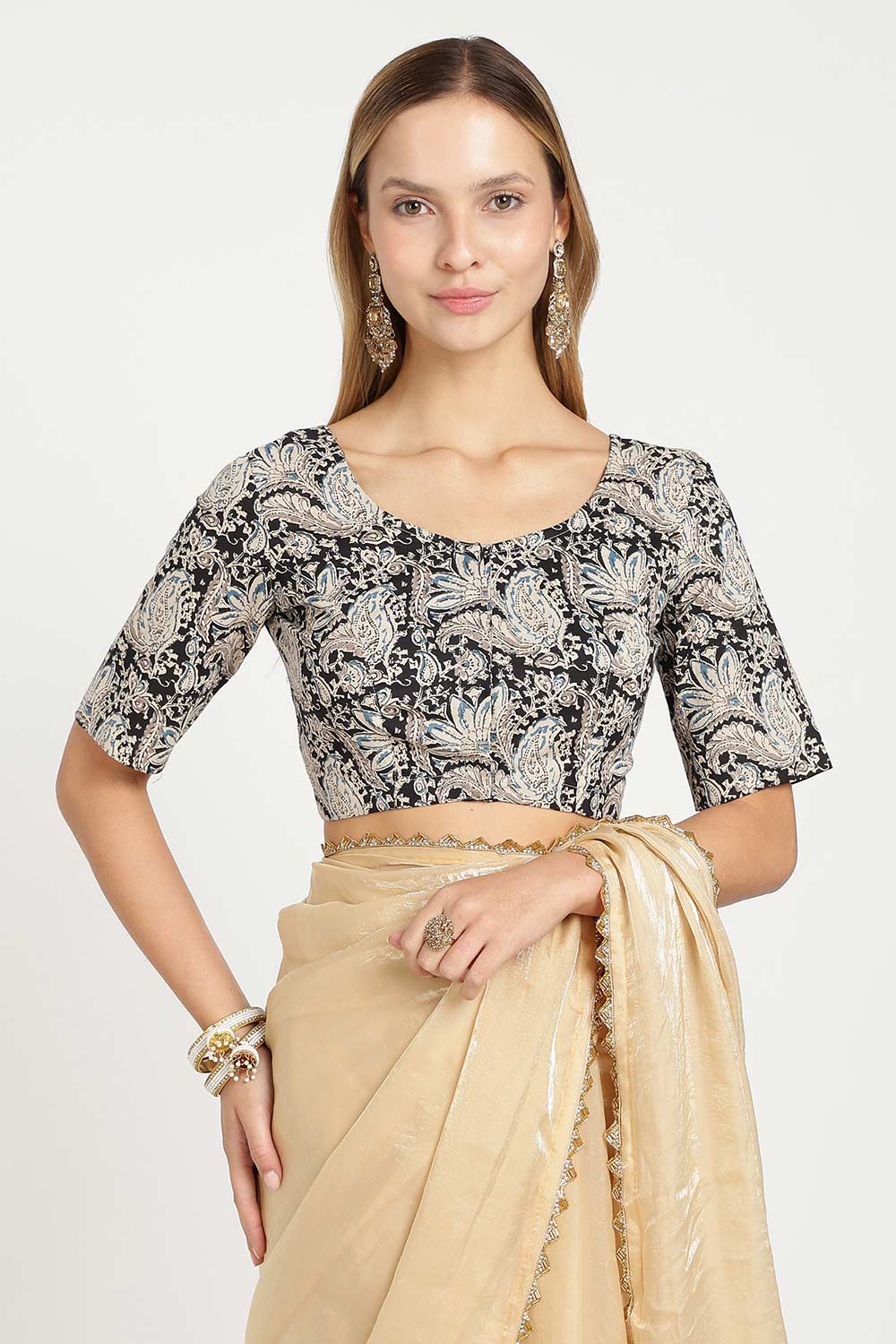 Naidu Hall Women’s Cotton Kalamkari Saree Blouse – U Neck Front Open Designer Blouse with Elbow Sleeves | Traditional Woven Cotton Blouse for Women - P6BU17