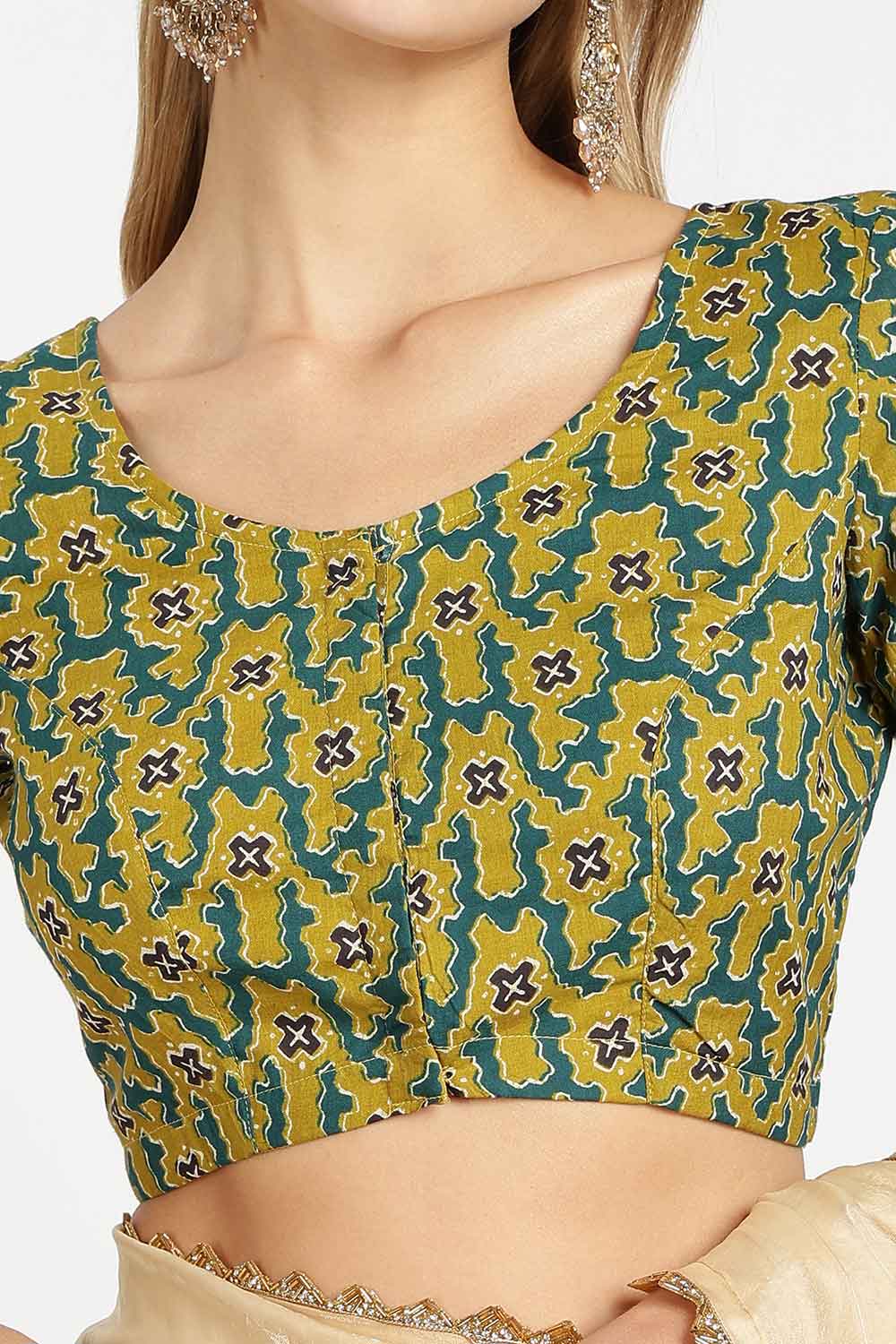 Naidu Hall Women’s Cotton Kalamkari Saree Blouse – U Neck Front Open Designer Blouse with Elbow Sleeves | Traditional Woven Cotton Blouse for Women - P6BU17