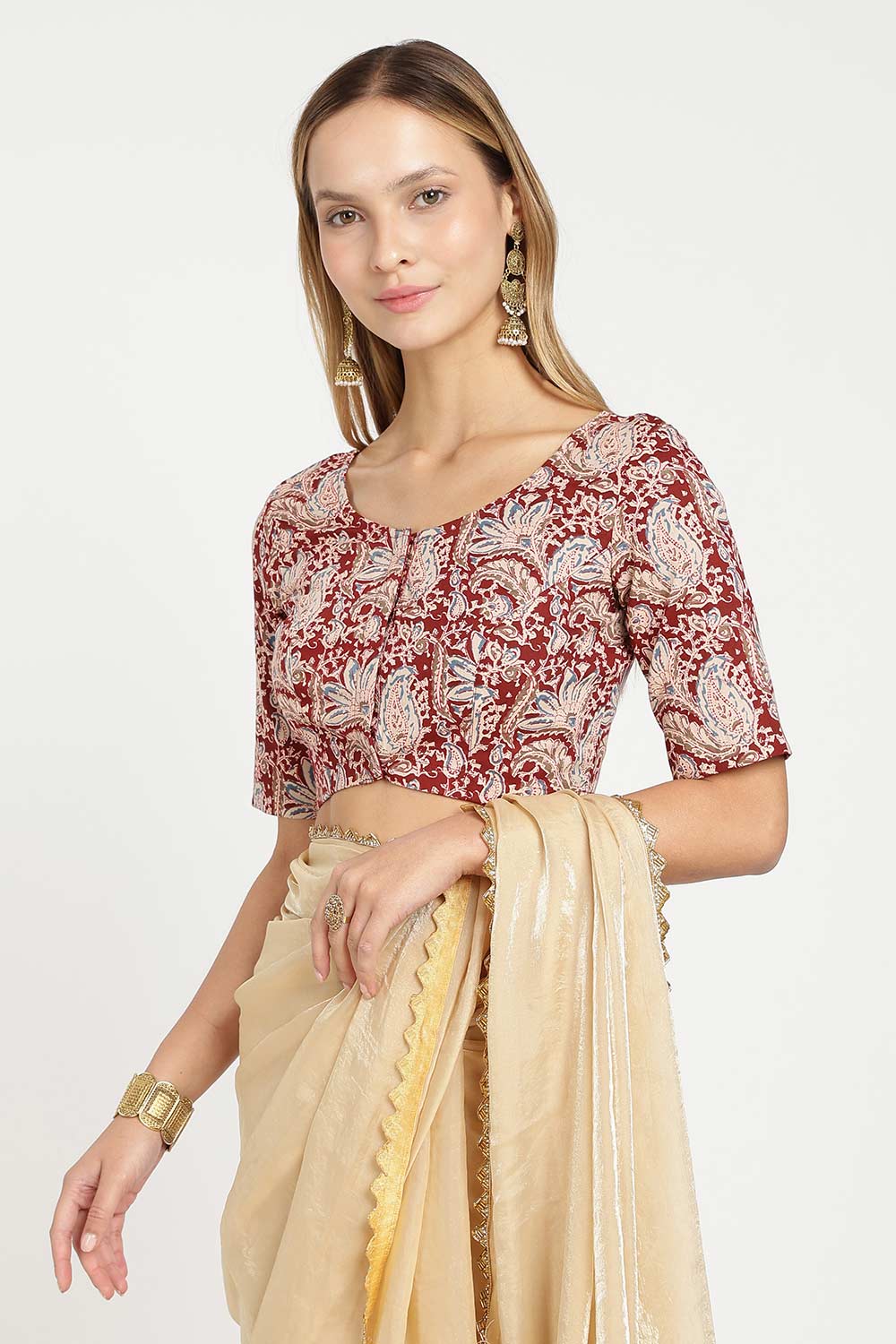 Naidu Hall Women’s Cotton Saree Blouse – U Neck Front Open Designer Blouse with Elbow Sleeves | Woven Abstract Print Blouse for Women - P6BU17