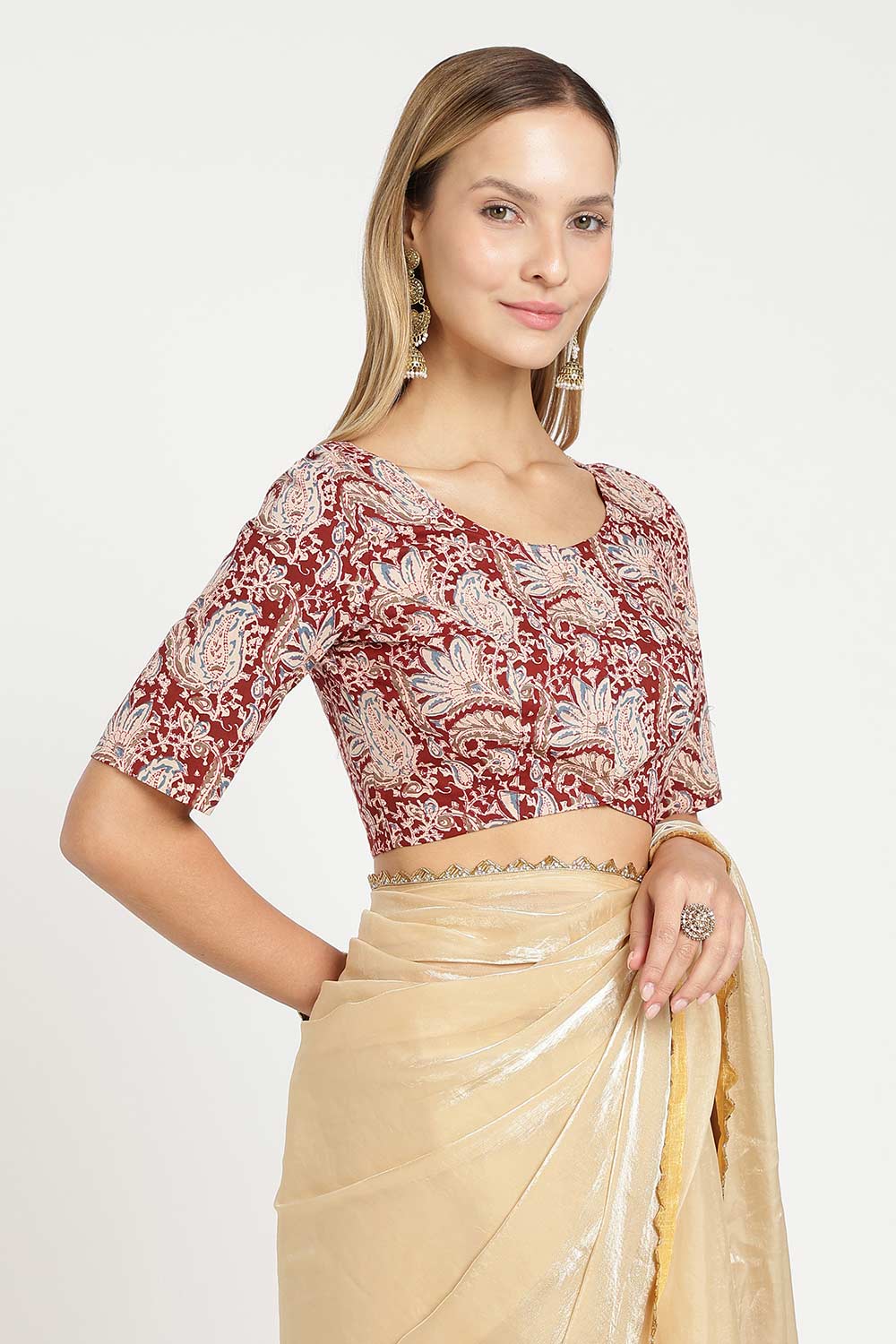 Naidu Hall Women’s Cotton Saree Blouse – U Neck Front Open Designer Blouse with Elbow Sleeves | Woven Abstract Print Blouse for Women - P6BU17