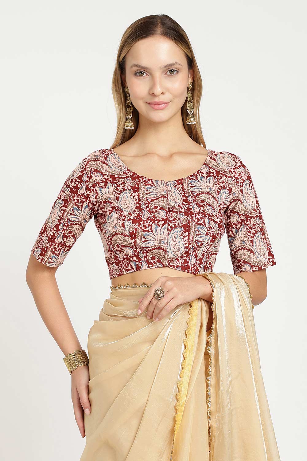 Naidu Hall Women’s Cotton Saree Blouse – U Neck Front Open Designer Blouse with Elbow Sleeves | Woven Abstract Print Blouse for Women - P6BU17