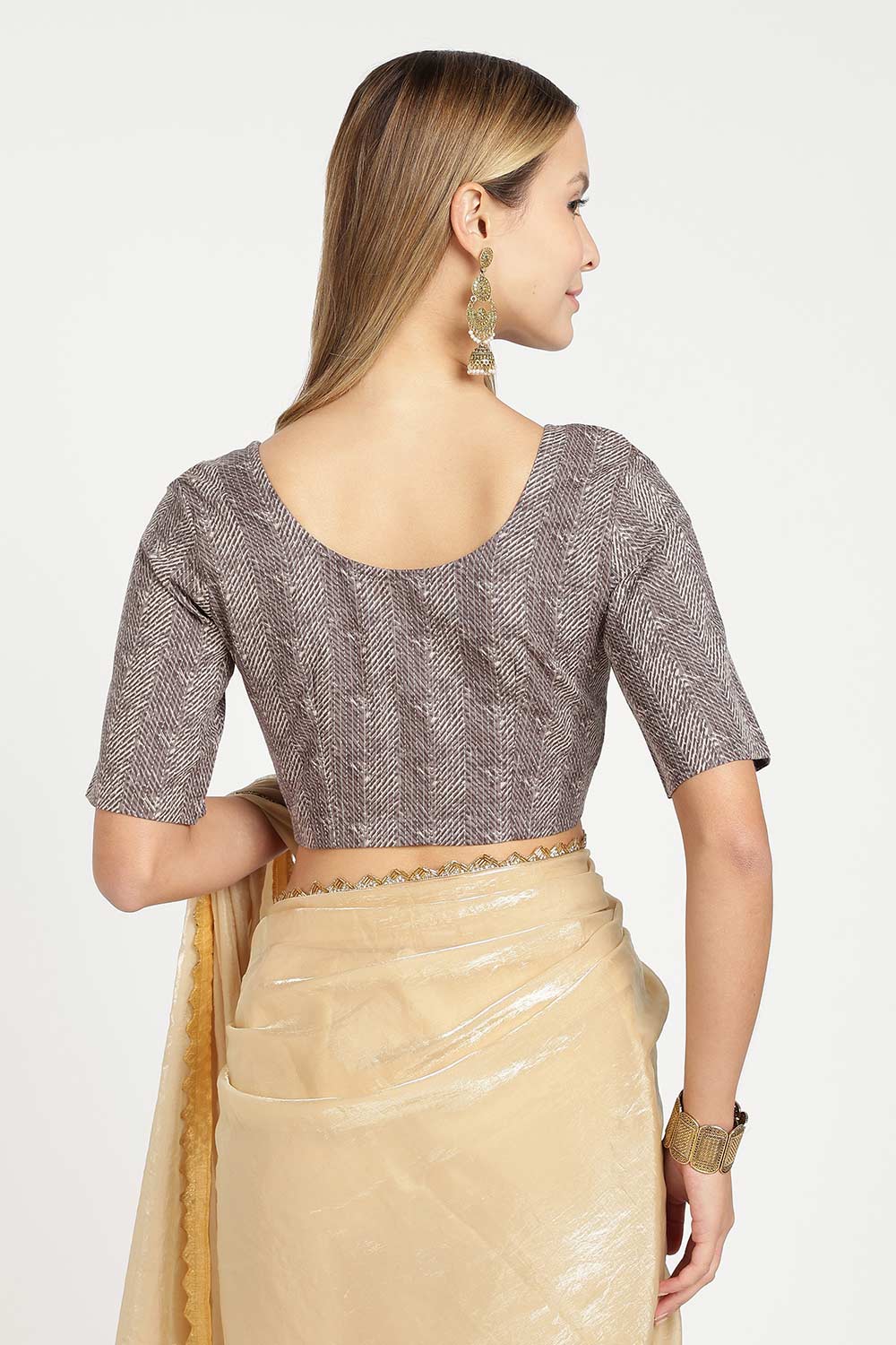 Naidu Hall Women’s Cotton Saree Blouse – Kantha Stitch U Neck Front Open Designer Blouse with Elbow Sleeves | Traditional Woven Blouse for Women - P7BU17