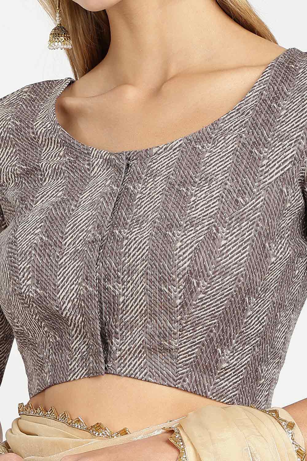 Naidu Hall Women’s Cotton Saree Blouse – Kantha Stitch U Neck Front Open Designer Blouse with Elbow Sleeves | Traditional Woven Blouse for Women - P7BU17