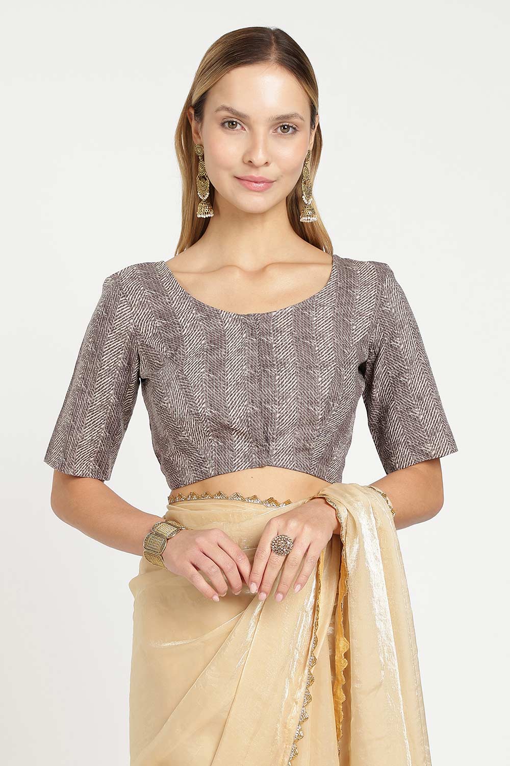 Naidu Hall Women’s Cotton Saree Blouse – Kantha Stitch U Neck Front Open Designer Blouse with Elbow Sleeves | Traditional Woven Blouse for Women - P7BU17