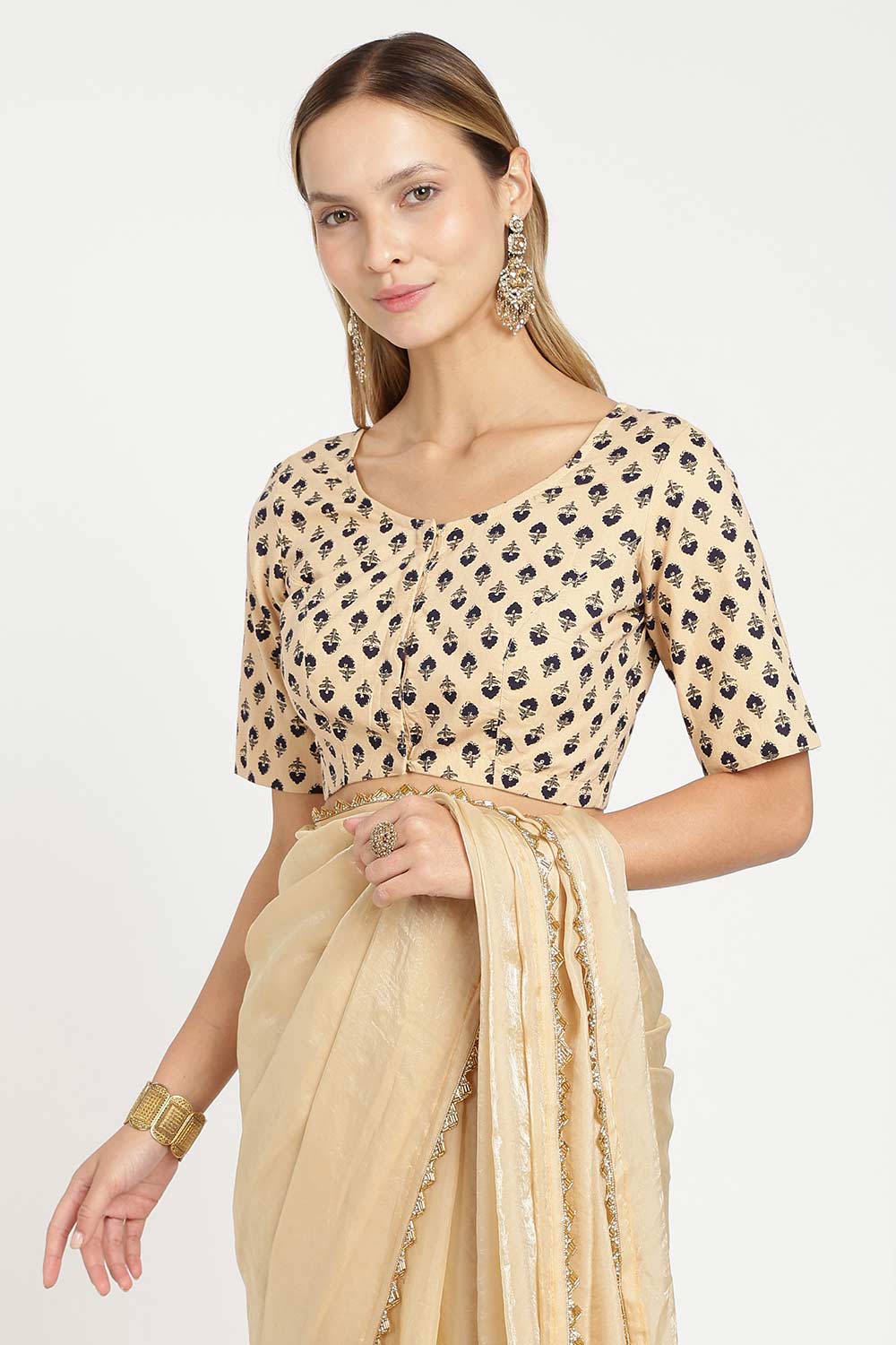 Naidu Hall Women’s Cotton Saree Blouse – Floral Butta U Neck Front Open Designer Blouse with Elbow Sleeves | Traditional Woven Blouse for Women - P8BU17